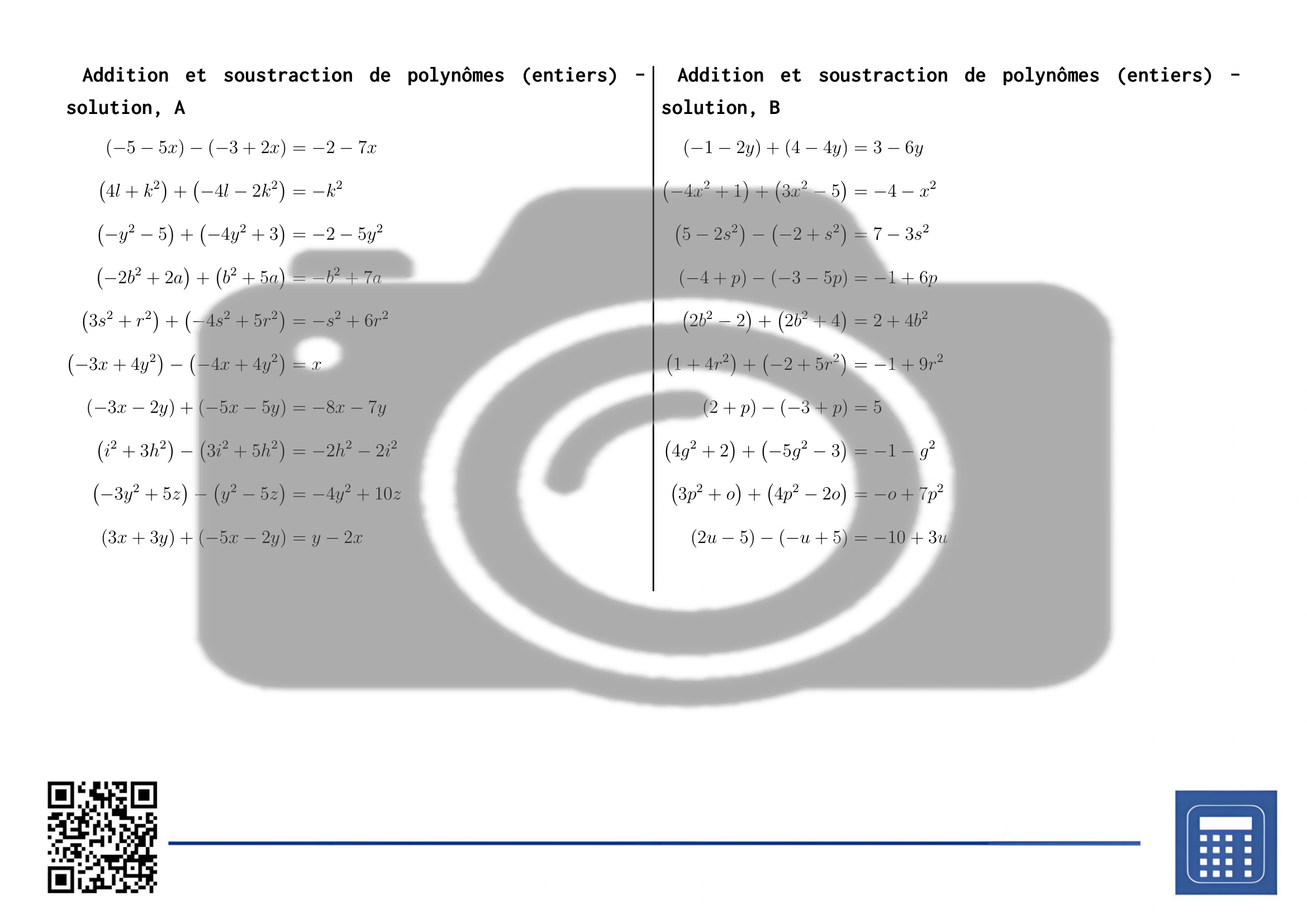 Fiche d'exercices: Addition et soustraction de polynômes (entiers) – Image 4