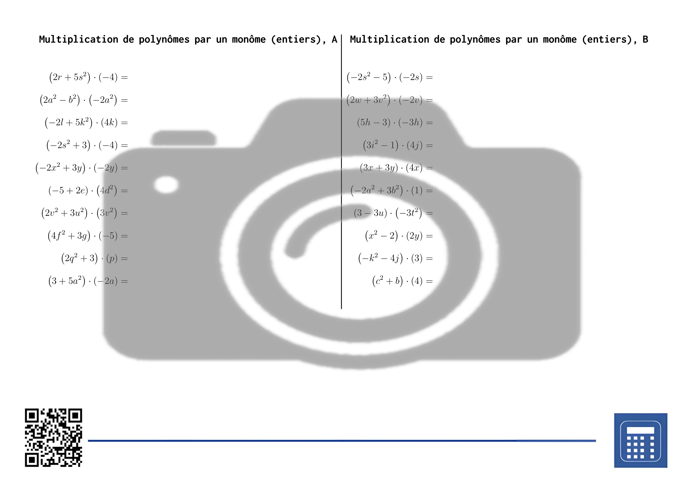 Fiche d'exercices: Multiplication de polynômes par un monôme (entiers) – Image 2