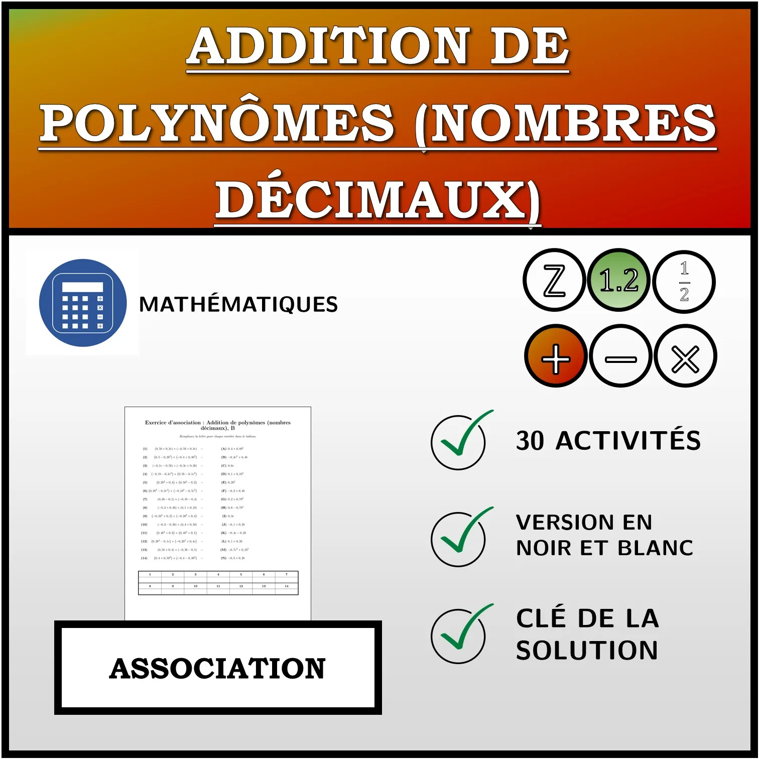 Exercice d'association: Addition de polynômes (nombres décimaux)