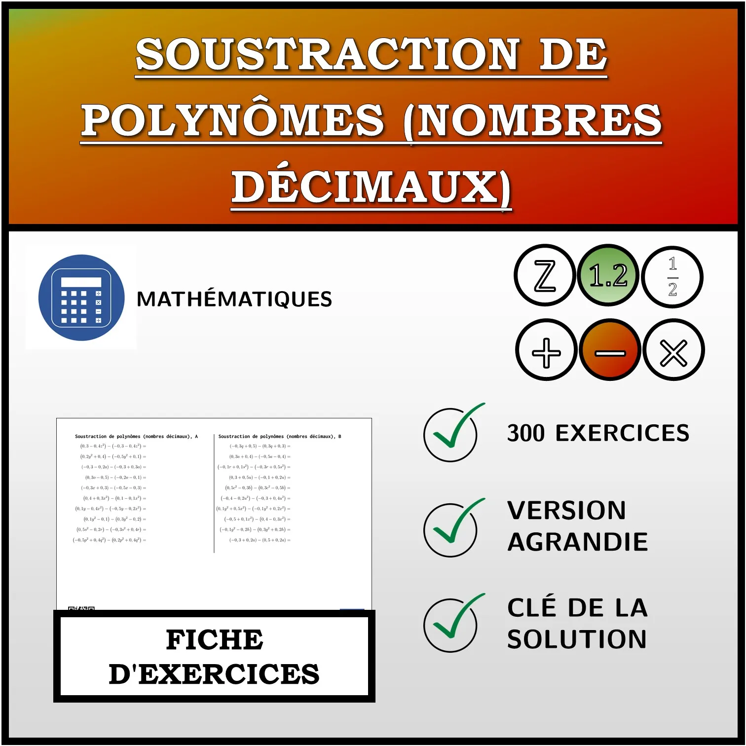 Fiche d'exercices: Soustraction de polynômes (nombres décimaux)