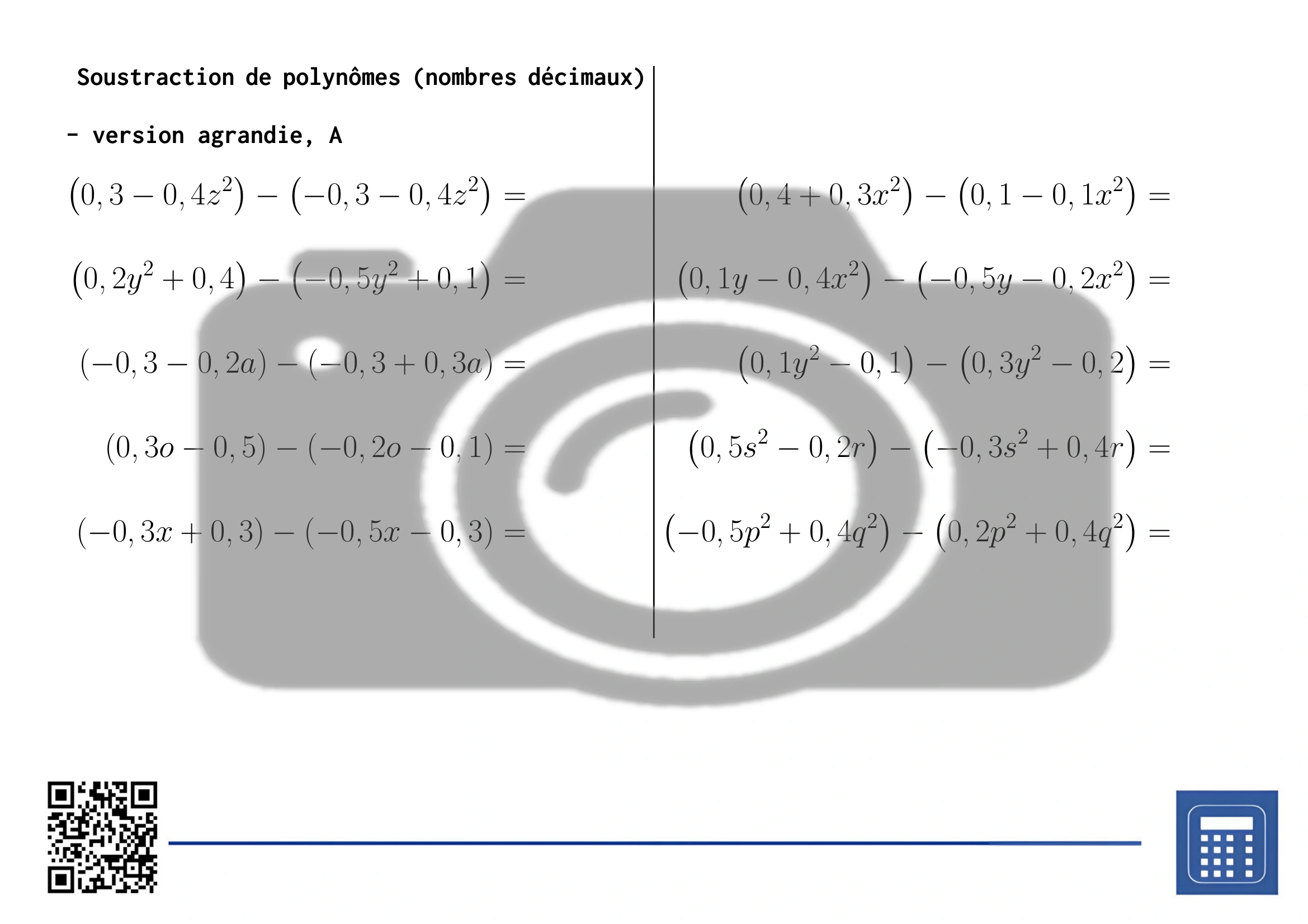 Fiche d'exercices: Soustraction de polynômes (nombres décimaux) – Image 3
