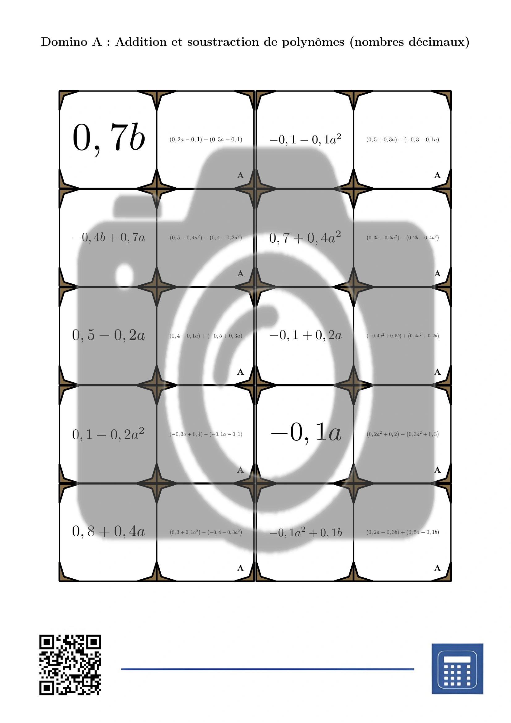 Domino: Addition et soustraction de polynômes (nombres décimaux) – Image 2
