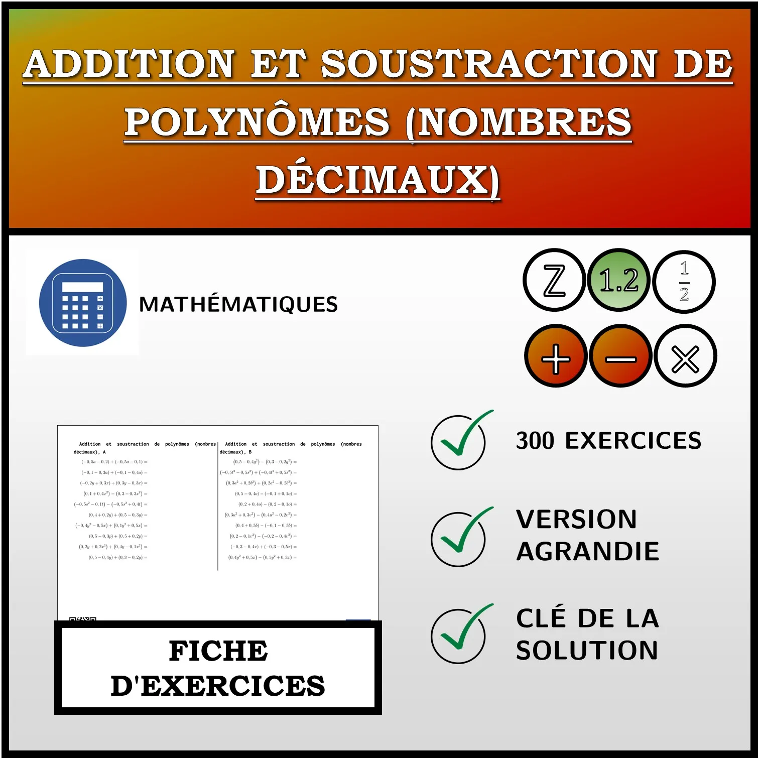 Fiche d'exercices: Addition et soustraction de polynômes (nombres décimaux)