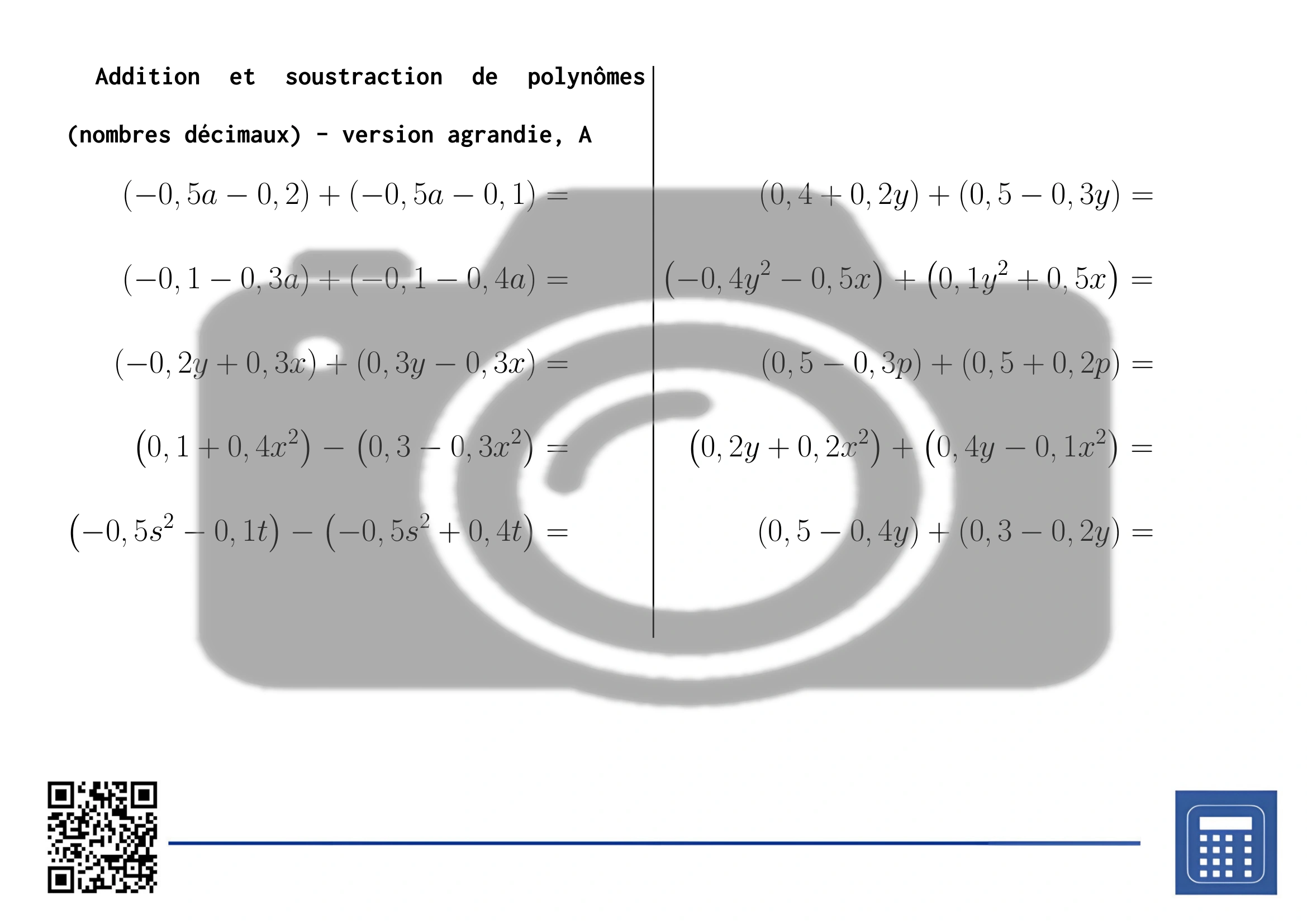 Fiche d'exercices: Addition et soustraction de polynômes (nombres décimaux) – Image 3