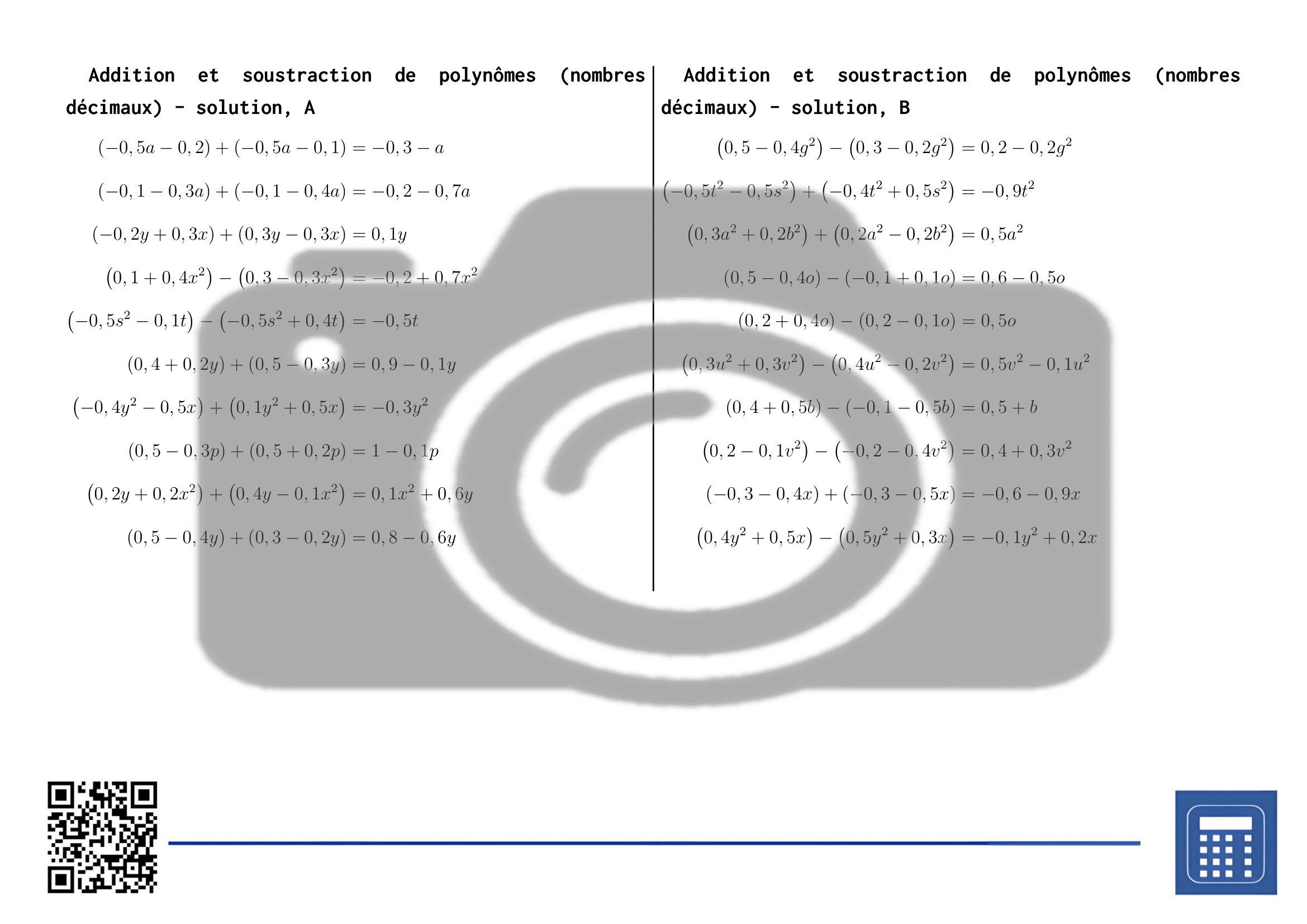 Fiche d'exercices: Addition et soustraction de polynômes (nombres décimaux) – Image 4