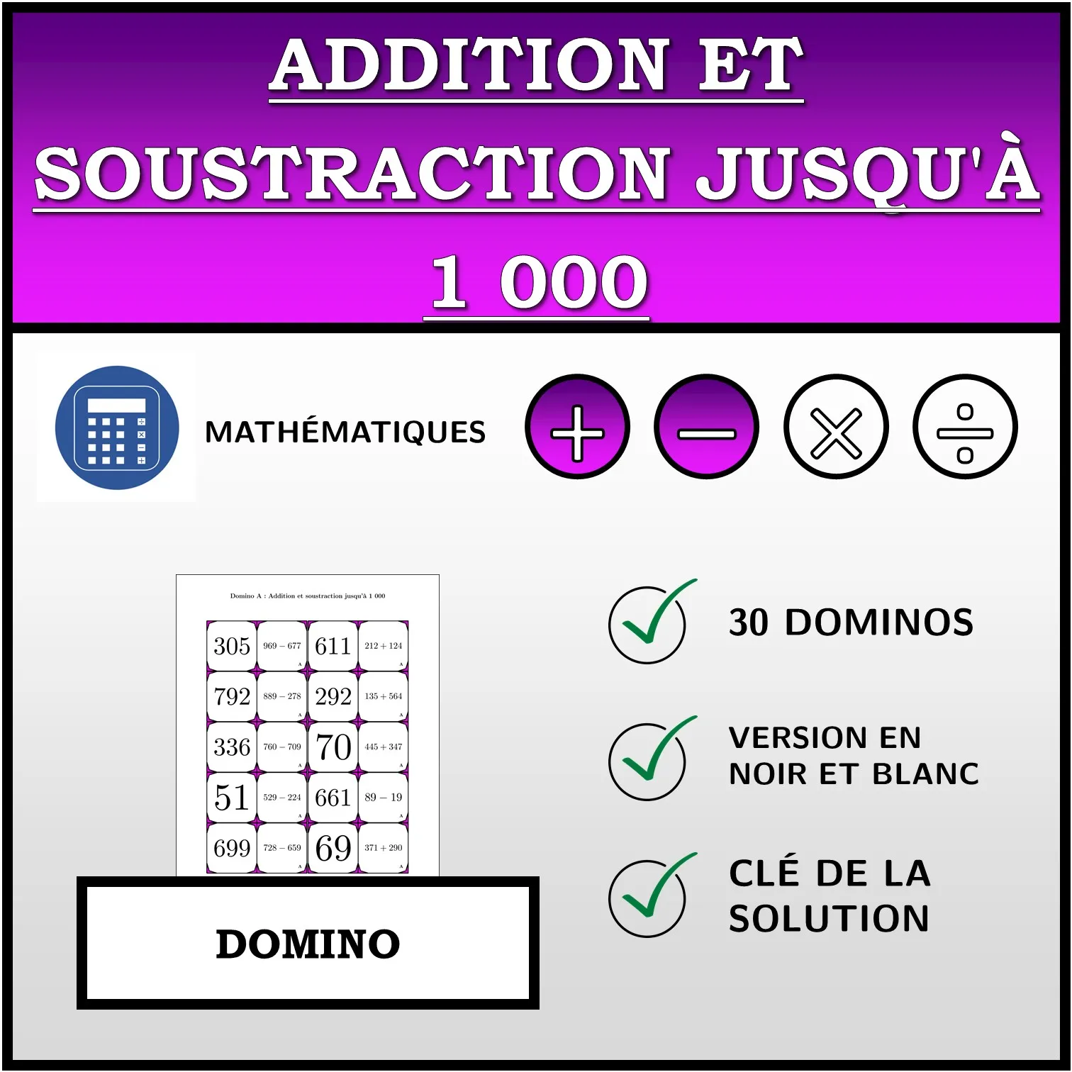 Domino: Addition et soustraction jusqu'à 1 000