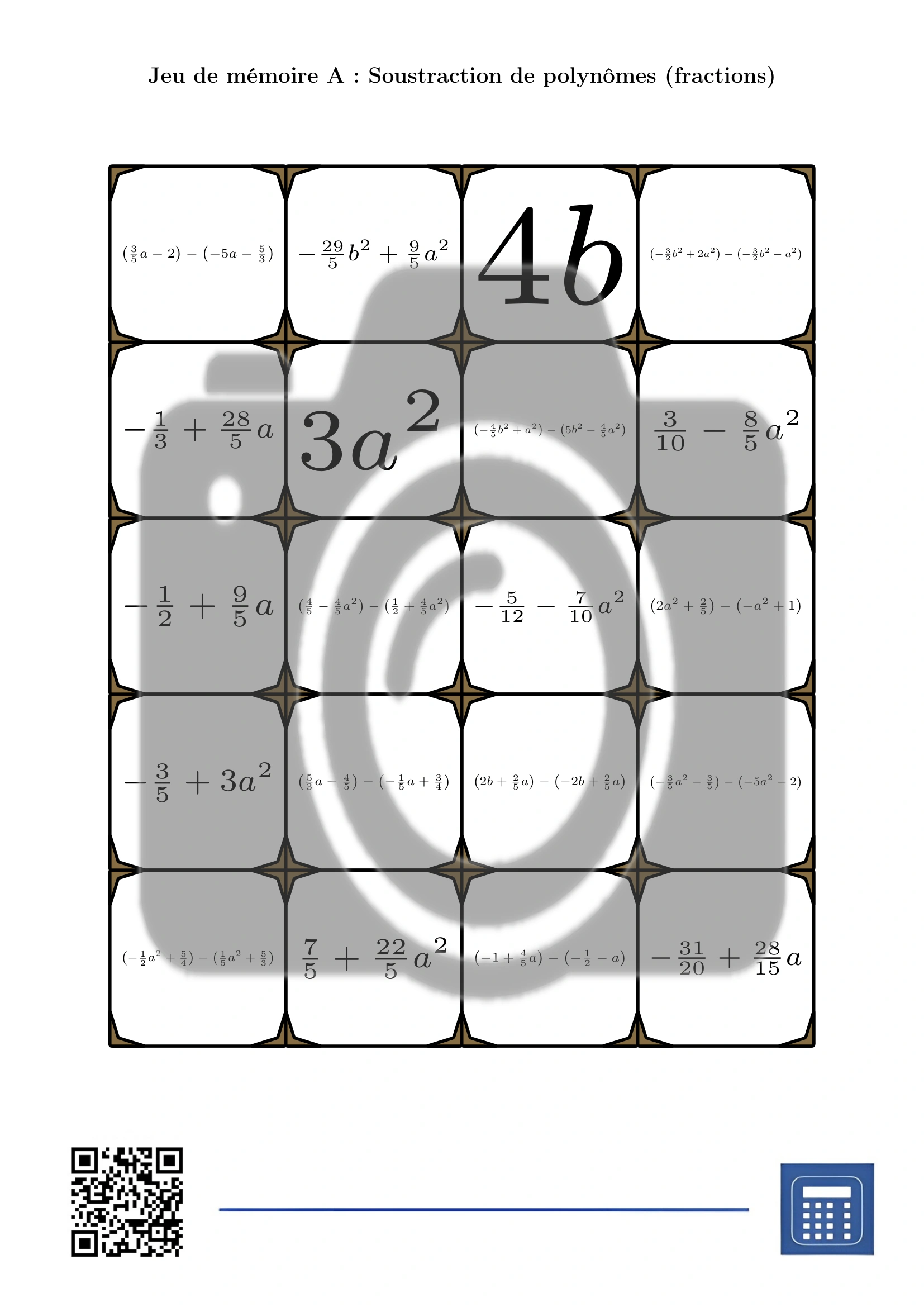Jeu de mémoire: Soustraction de polynômes (fractions) – Image 2