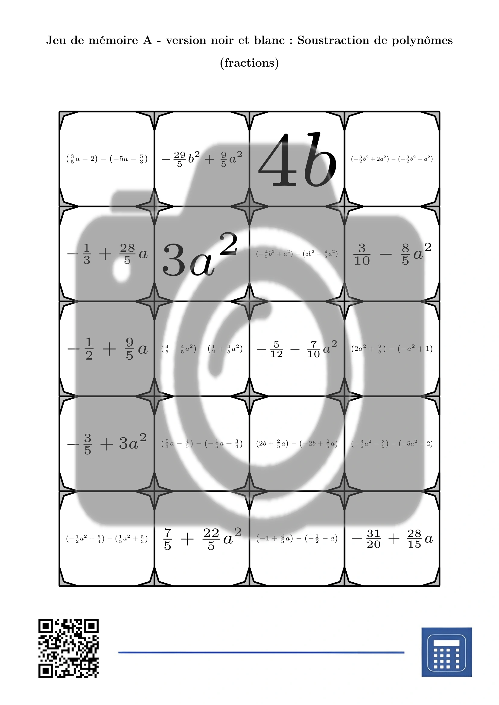 Jeu de mémoire: Soustraction de polynômes (fractions) – Image 3