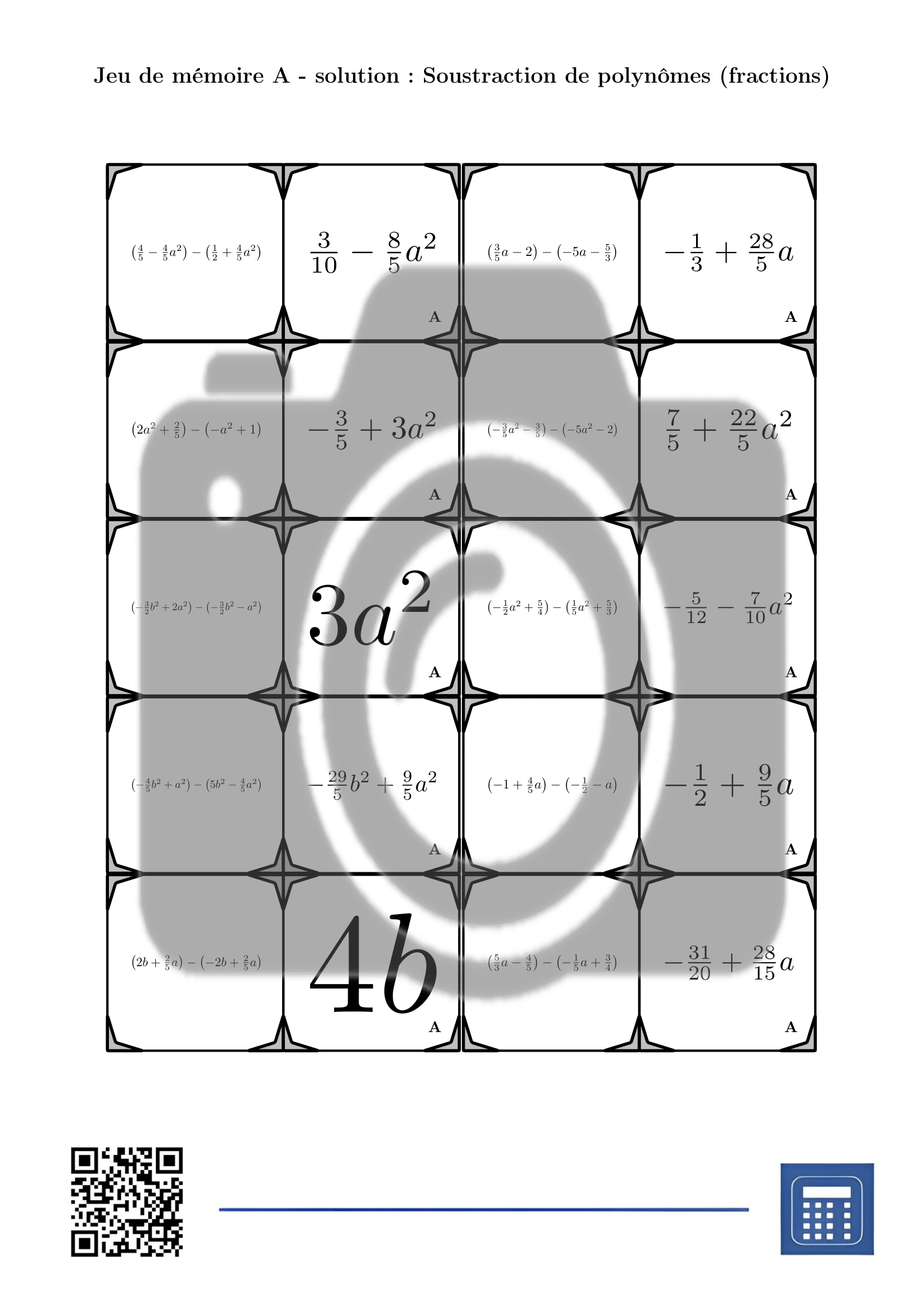 Jeu de mémoire: Soustraction de polynômes (fractions) – Image 4
