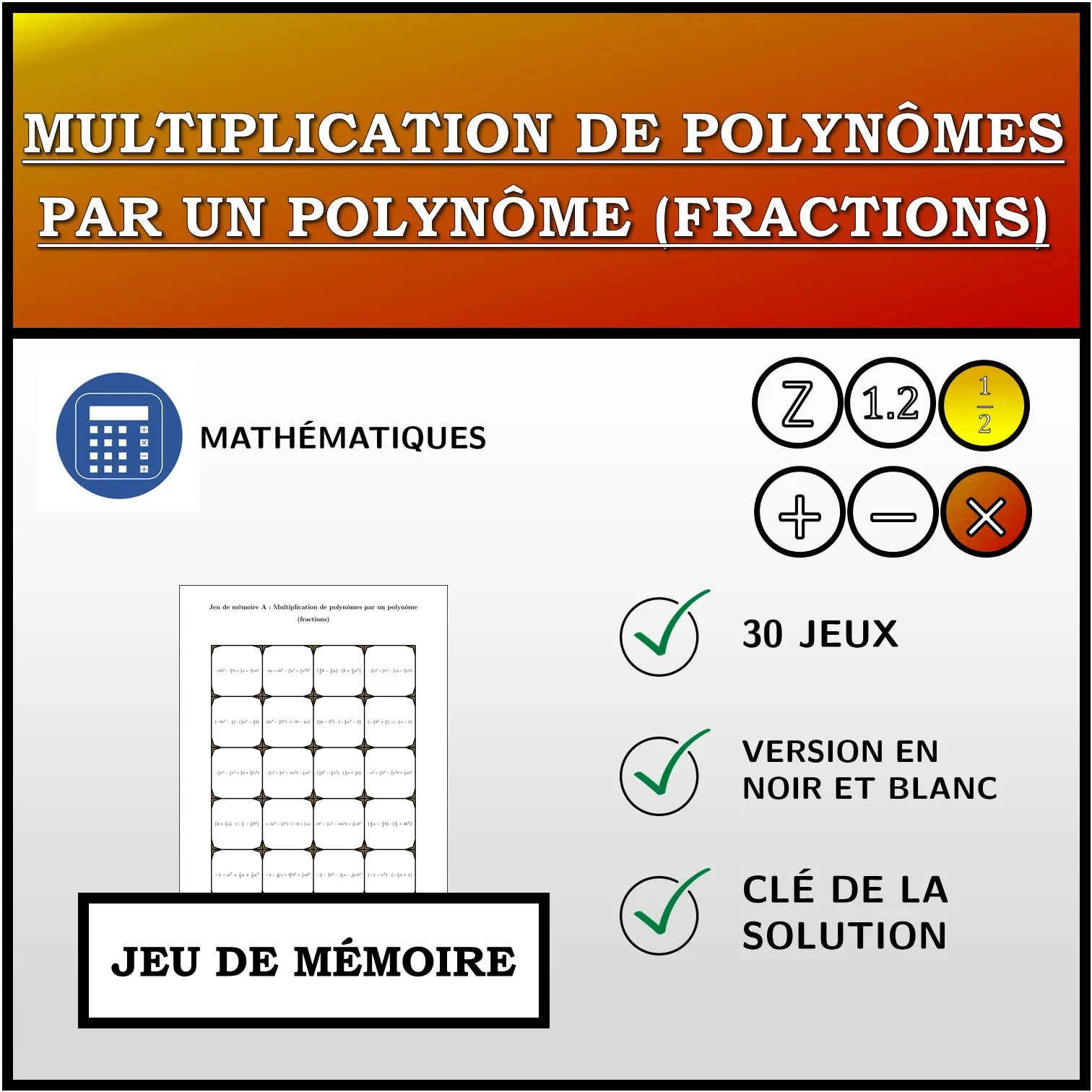 Jeu de mémoire: Multiplication de polynômes par un polynôme (fractions)