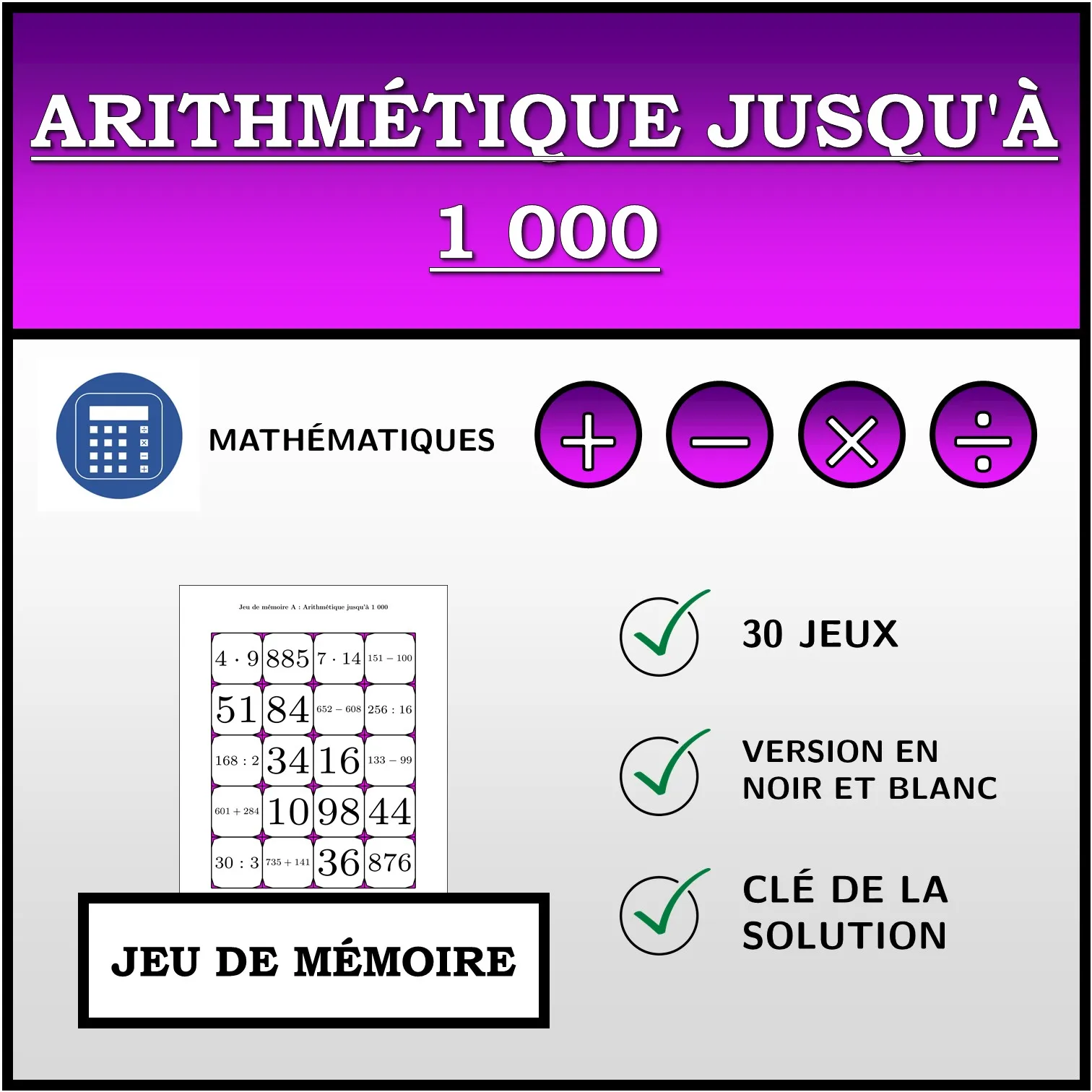Jeu de mémoire: Arithmétique jusqu'à 1 000
