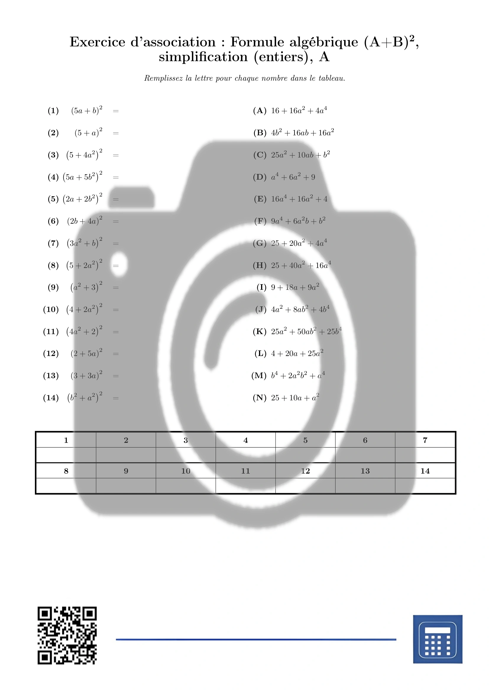 Exercice d'association: Formule algébrique (A+B)², simplification (entiers) – Image 2