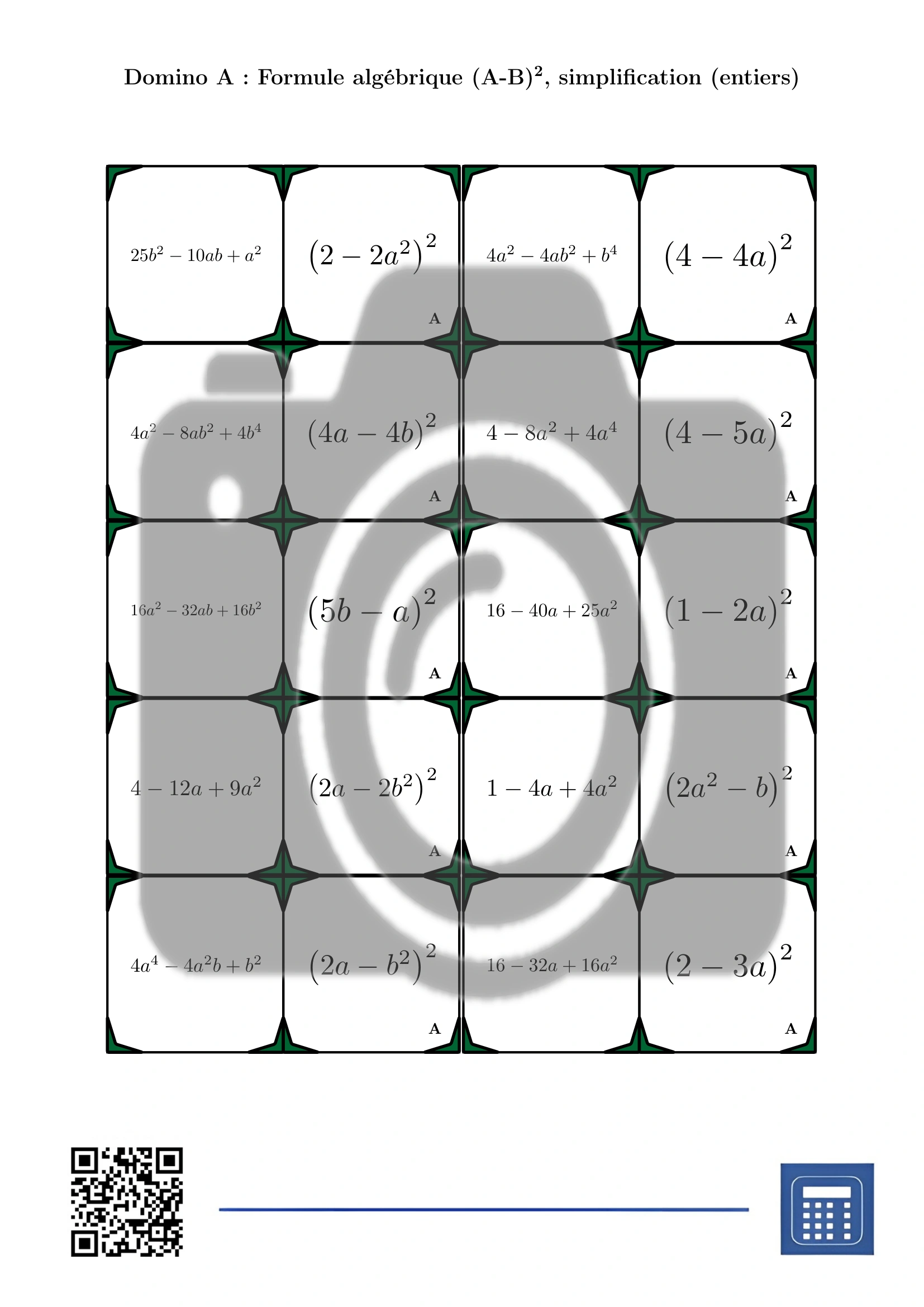 Domino: Formule algébrique (A-B)², simplification (entiers) – Image 2