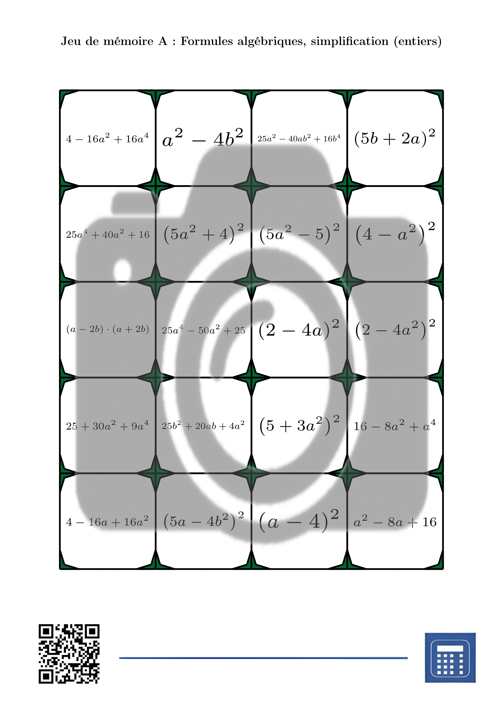 Jeu de mémoire: Formules algébriques, simplification (entiers) – Image 2