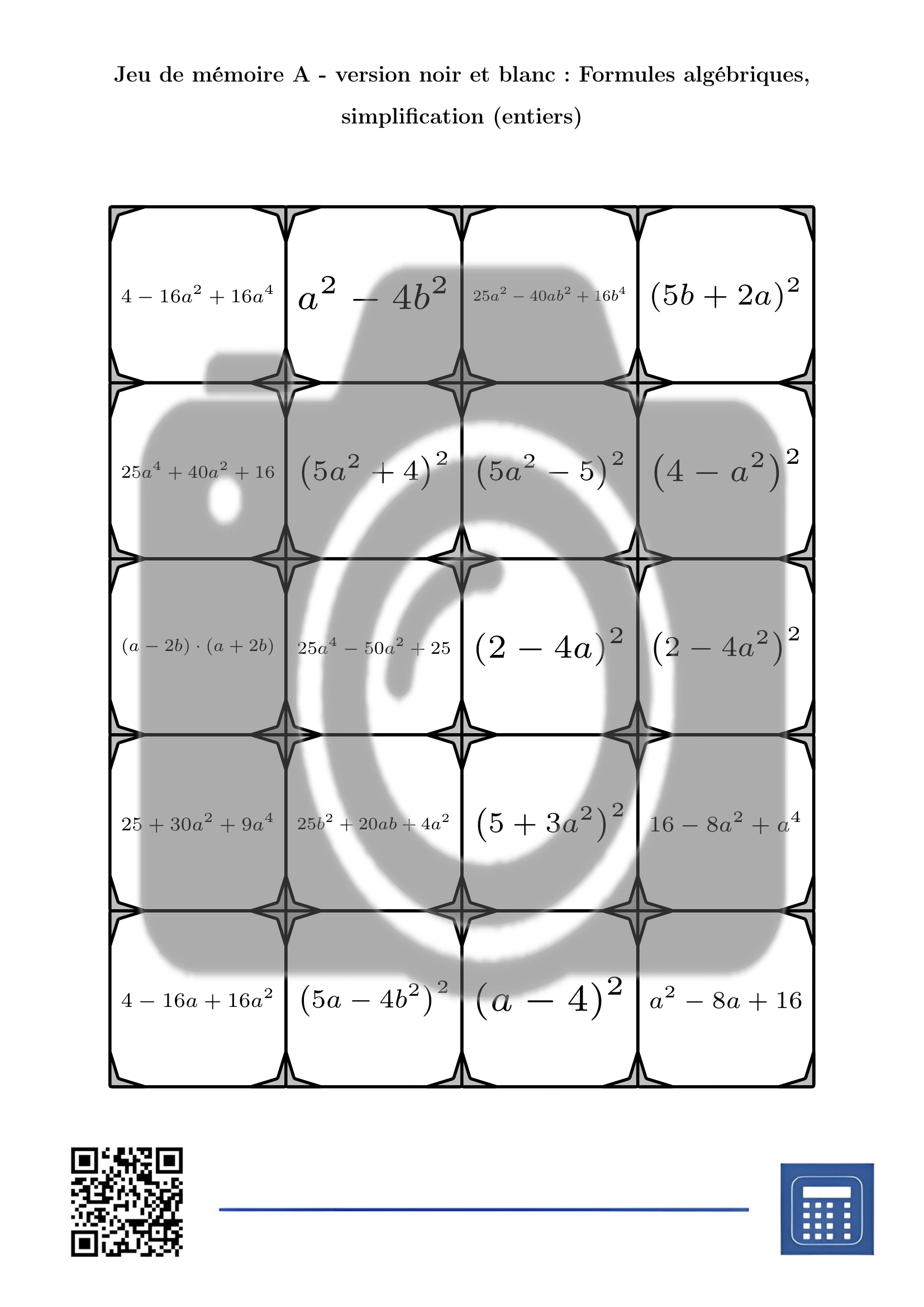 Jeu de mémoire: Formules algébriques, simplification (entiers) – Image 3