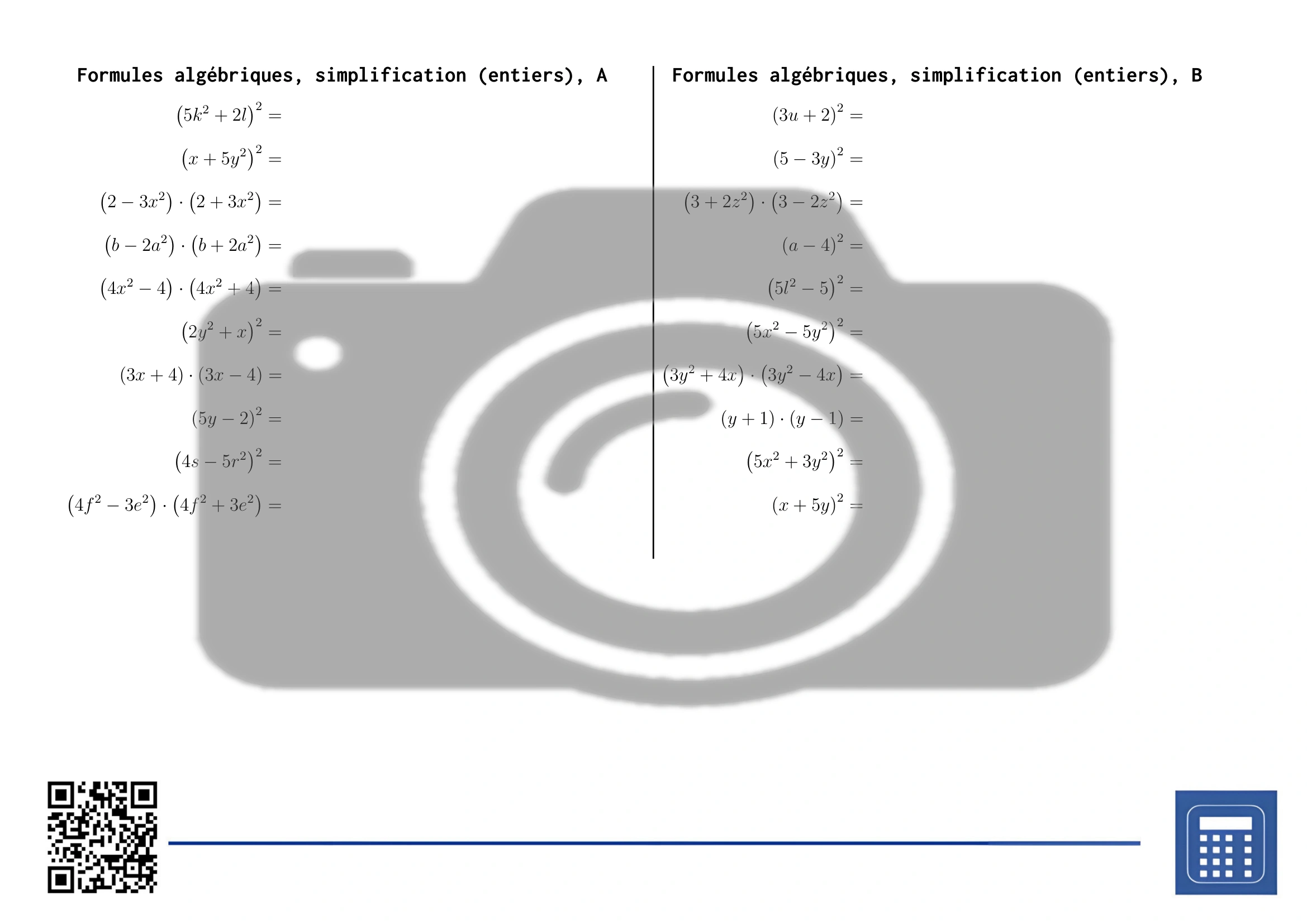 Fiche d'exercices: Formules algébriques, simplification (entiers) – Image 2