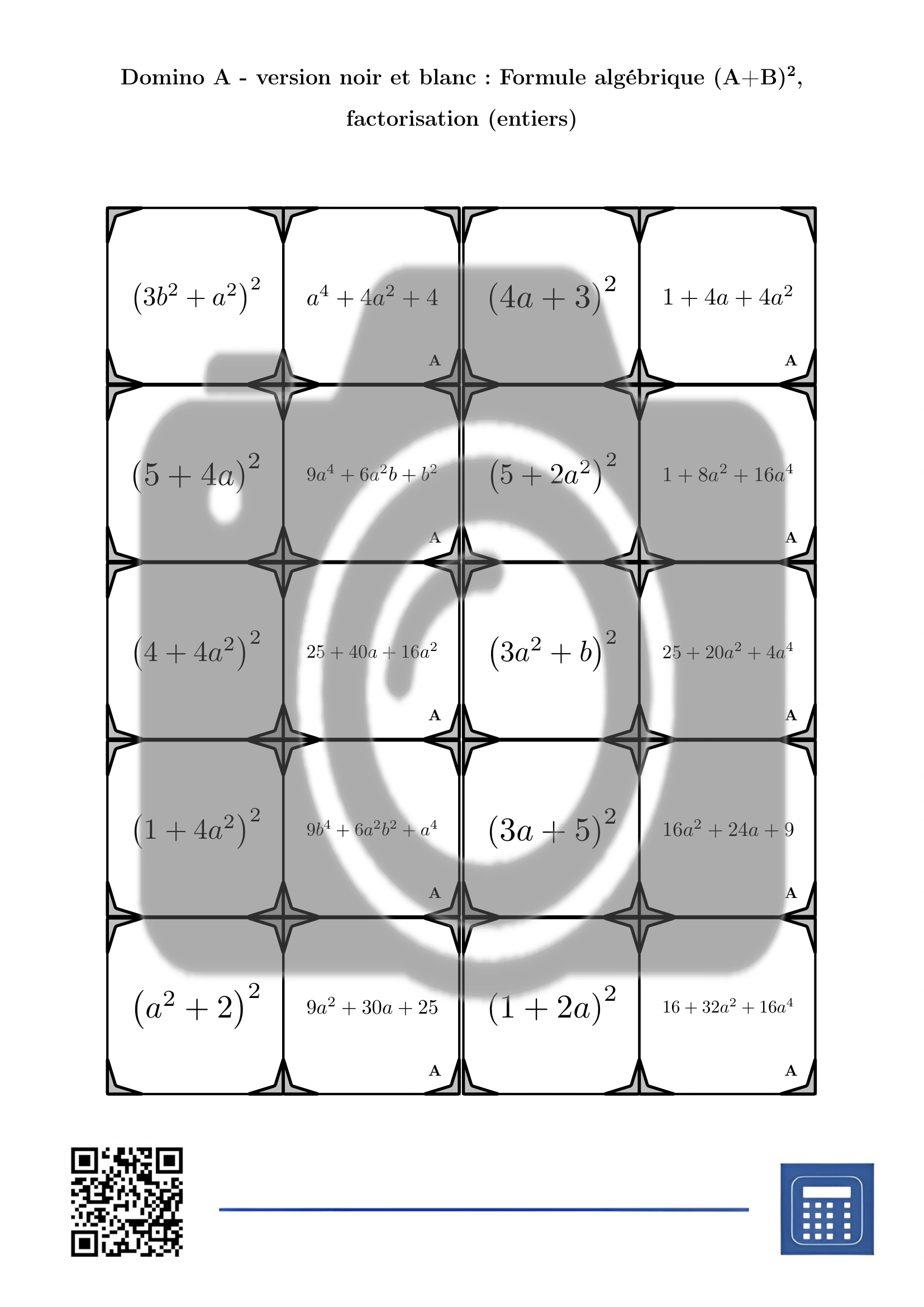 Domino: Formule algébrique (A+B)², factorisation (entiers) – Image 3
