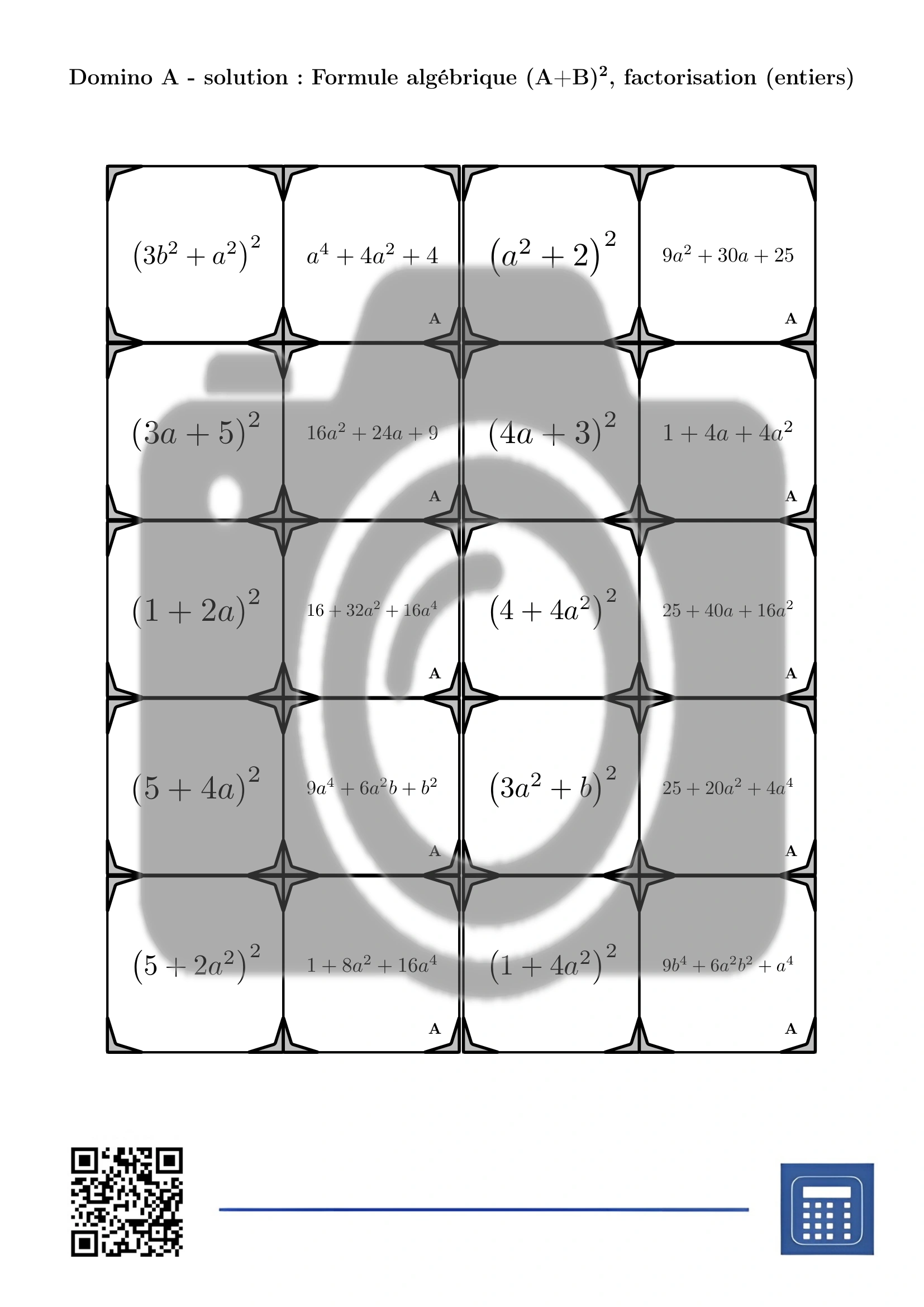 Domino: Formule algébrique (A+B)², factorisation (entiers) – Image 4