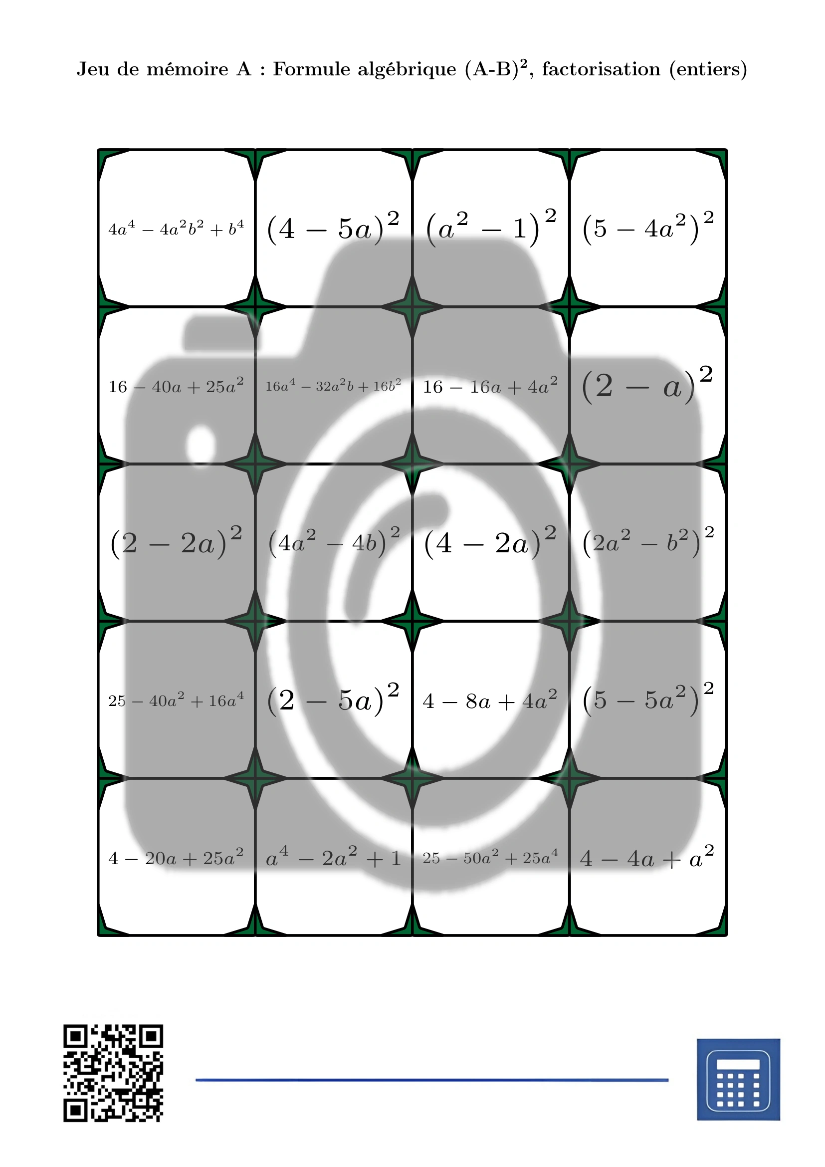Jeu de mémoire: Formule algébrique (A-B)², factorisation (entiers) – Image 2