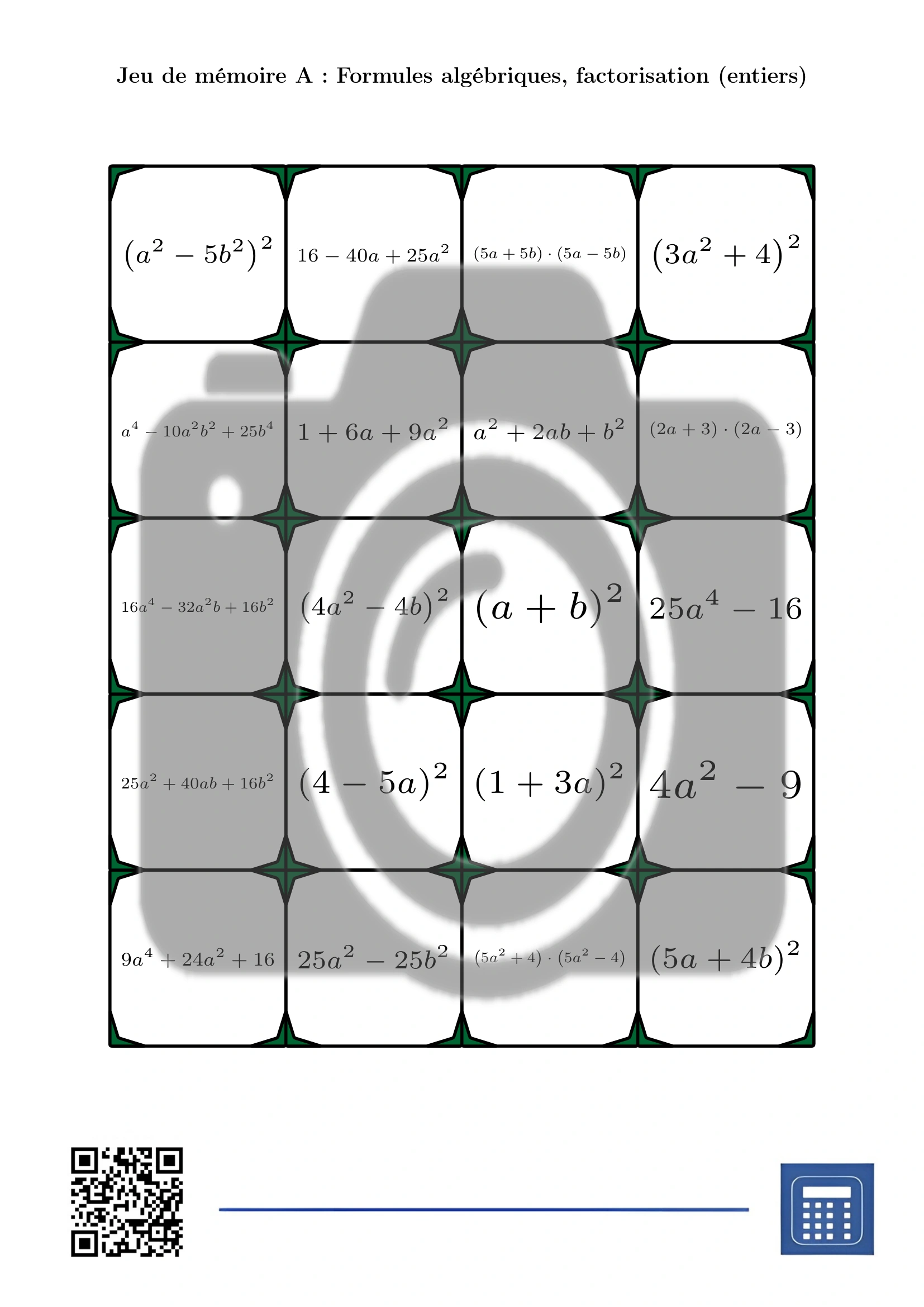 Jeu de mémoire: Formules algébriques, factorisation (entiers) – Image 2