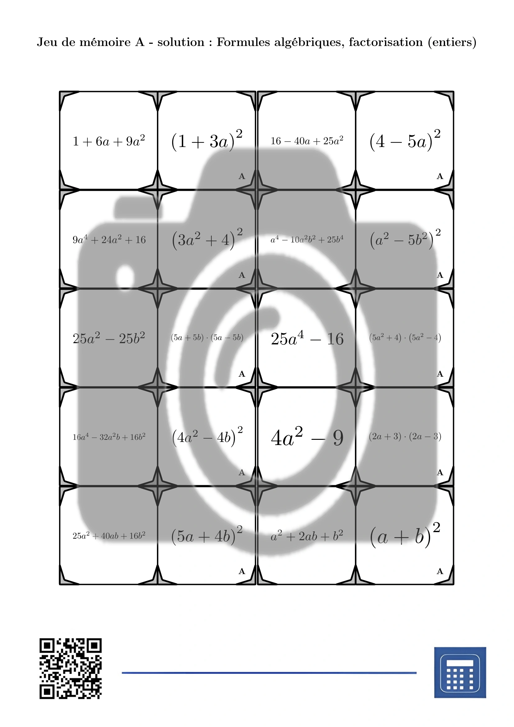 Jeu de mémoire: Formules algébriques, factorisation (entiers) – Image 4