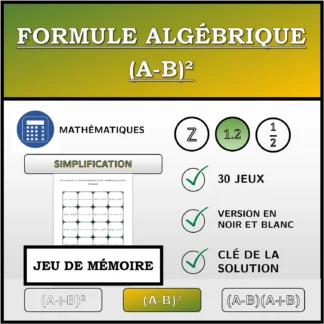 Jeu de mémoire: Formule algébrique (A-B)², simplification (nombres décimaux)