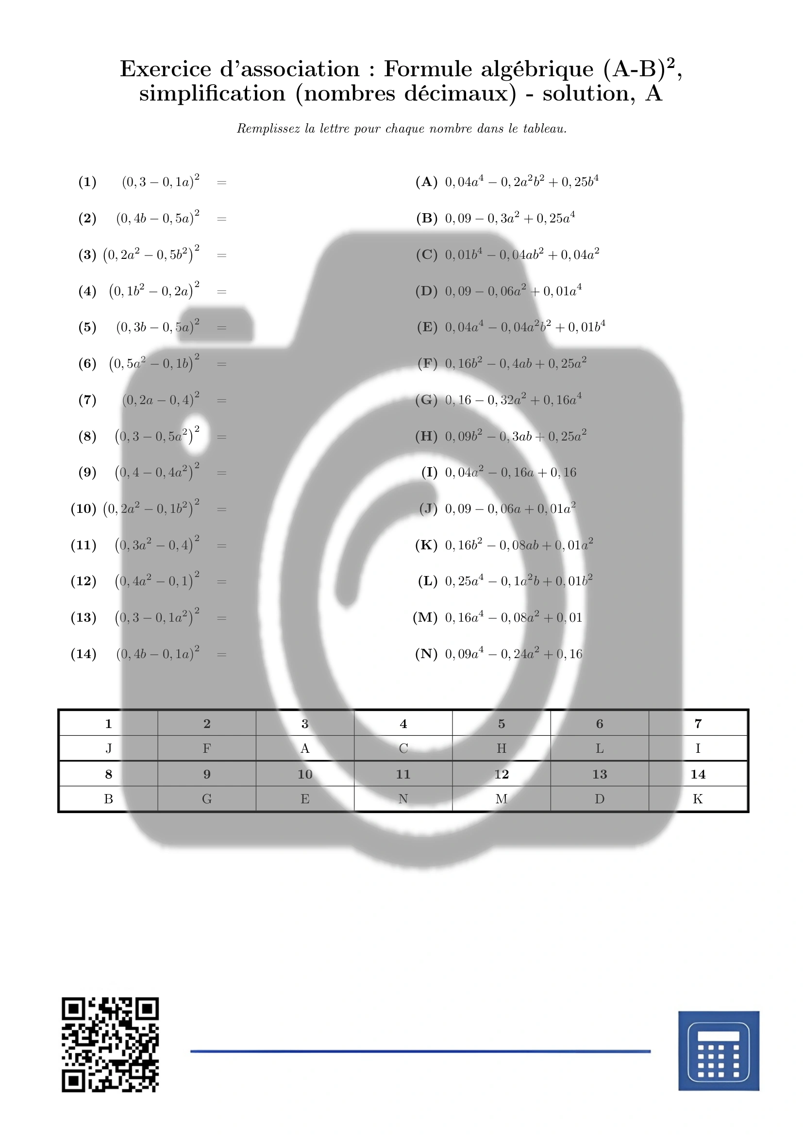 Exercice d'association: Formule algébrique (A-B)², simplification (nombres décimaux) – Image 3