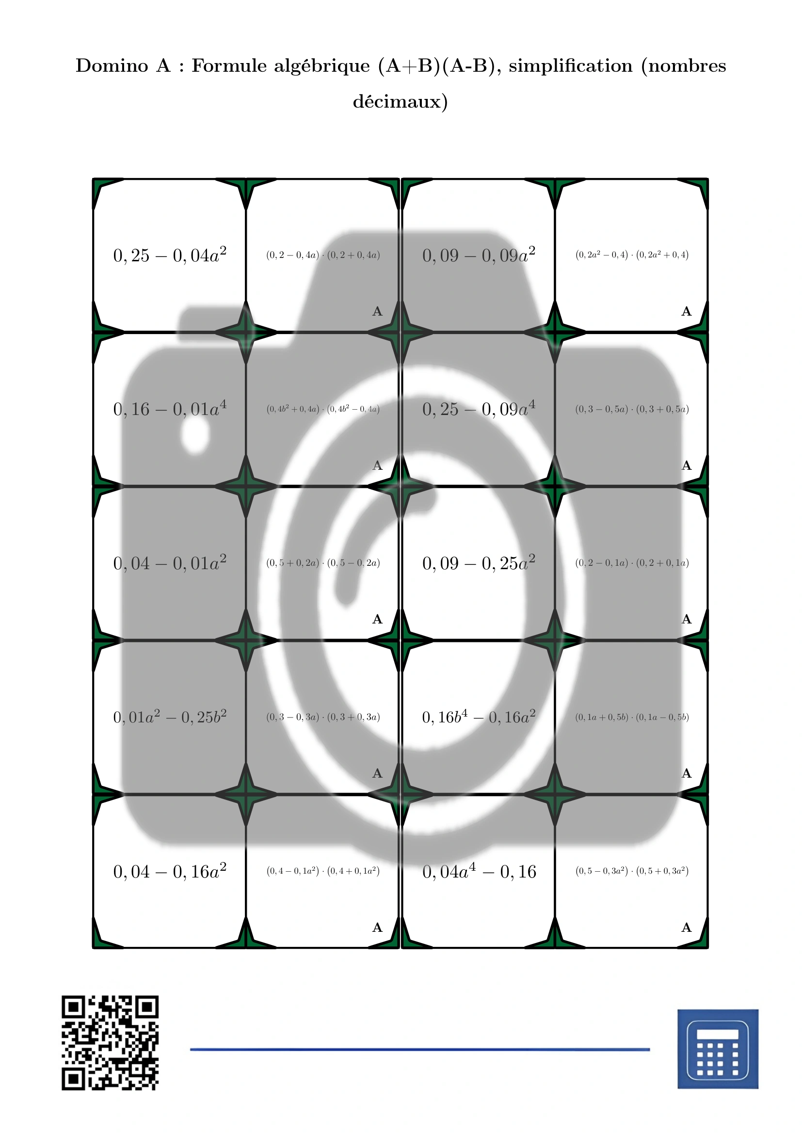 Domino: Formule algébrique (A+B)(A-B), simplification (nombres décimaux) – Image 2