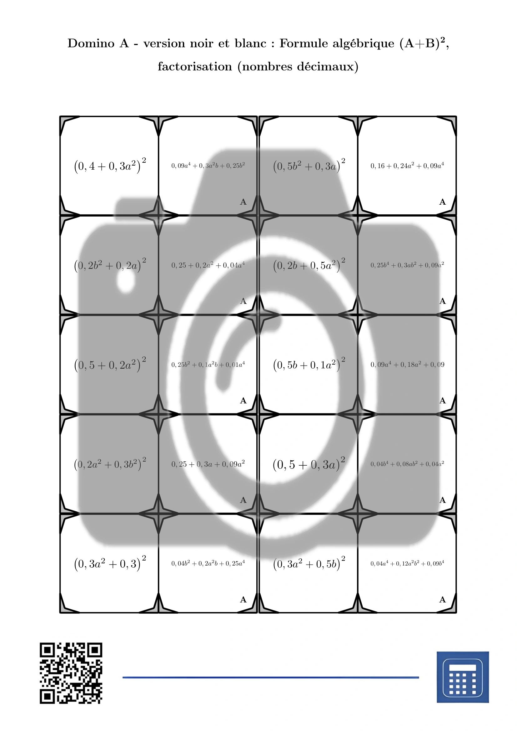 Domino: Formule algébrique (A+B)², factorisation (nombres décimaux) – Image 3