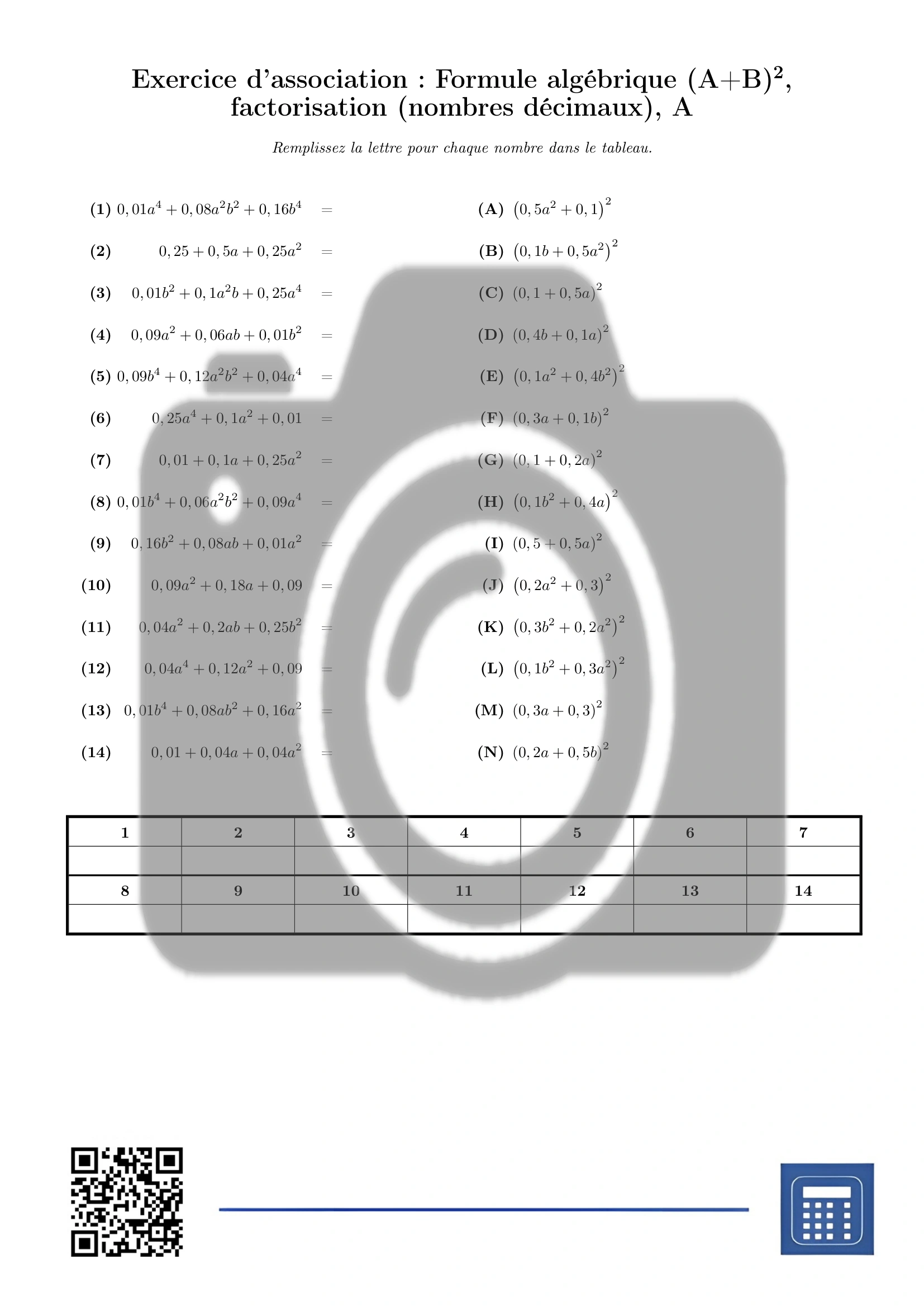 Exercice d'association: Formule algébrique (A+B)², factorisation (nombres décimaux) – Image 2