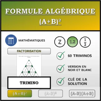Trimino: Formule algébrique (A+B)², factorisation (nombres décimaux)