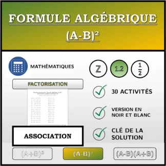 Exercice d'association: Formule algébrique (A-B)², factorisation (nombres décimaux)
