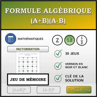 Jeu de mémoire: Formule algébrique (A+B)(A-B), factorisation (nombres décimaux)