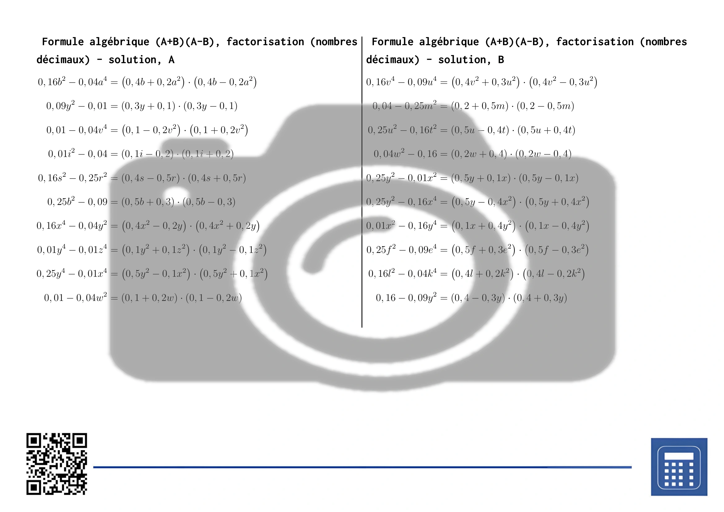 Fiche d'exercices: Formule algébrique (A+B)(A-B), factorisation (nombres décimaux) – Image 4
