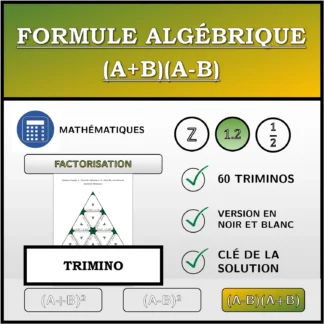 Trimino: Formule algébrique (A+B)(A-B), factorisation (nombres décimaux)