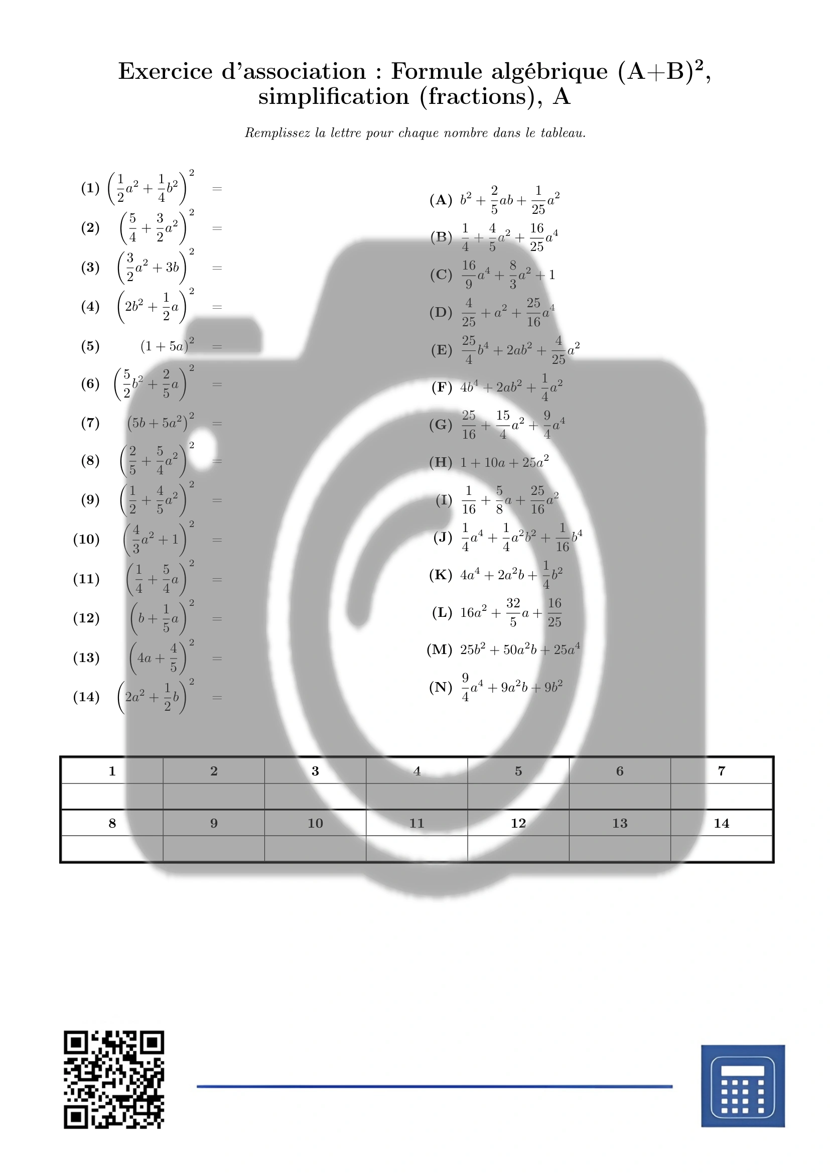 Exercice d'association: Formule algébrique (A+B)², simplification (fractions) – Image 2