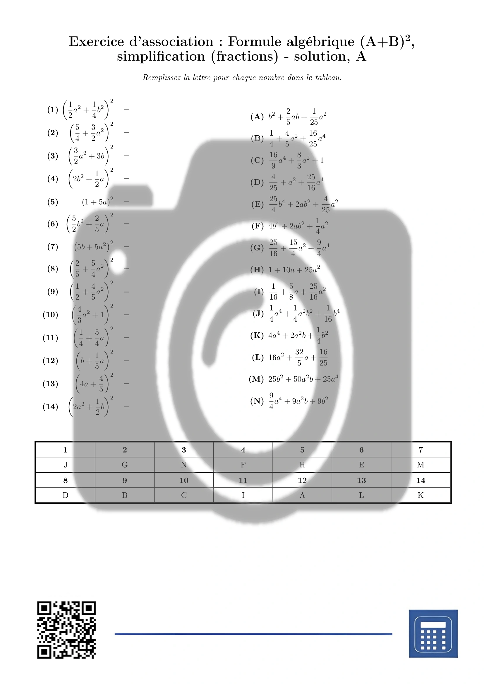 Exercice d'association: Formule algébrique (A+B)², simplification (fractions) – Image 3