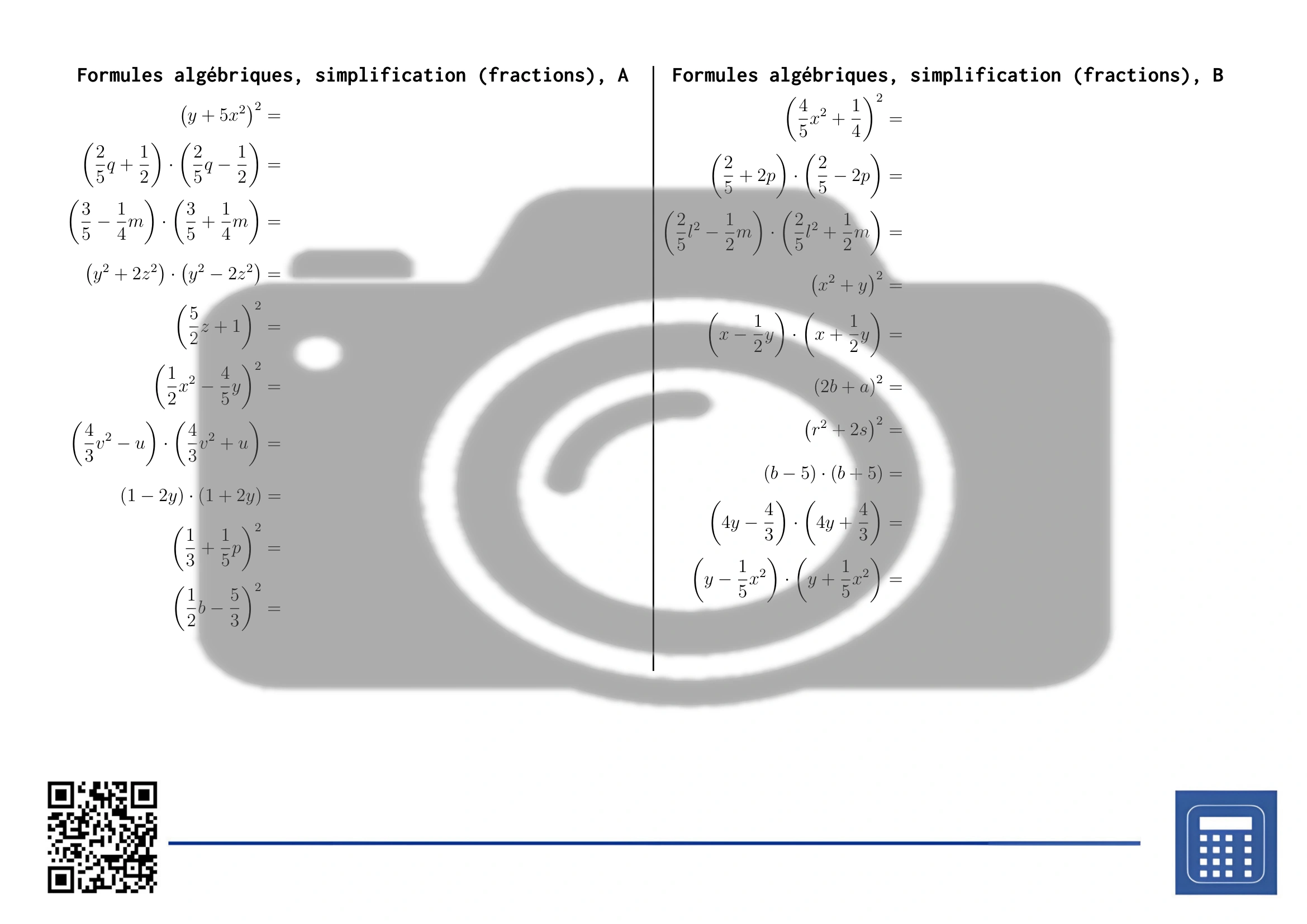 Fiche d'exercices: Formules algébriques, simplification (fractions) – Image 2