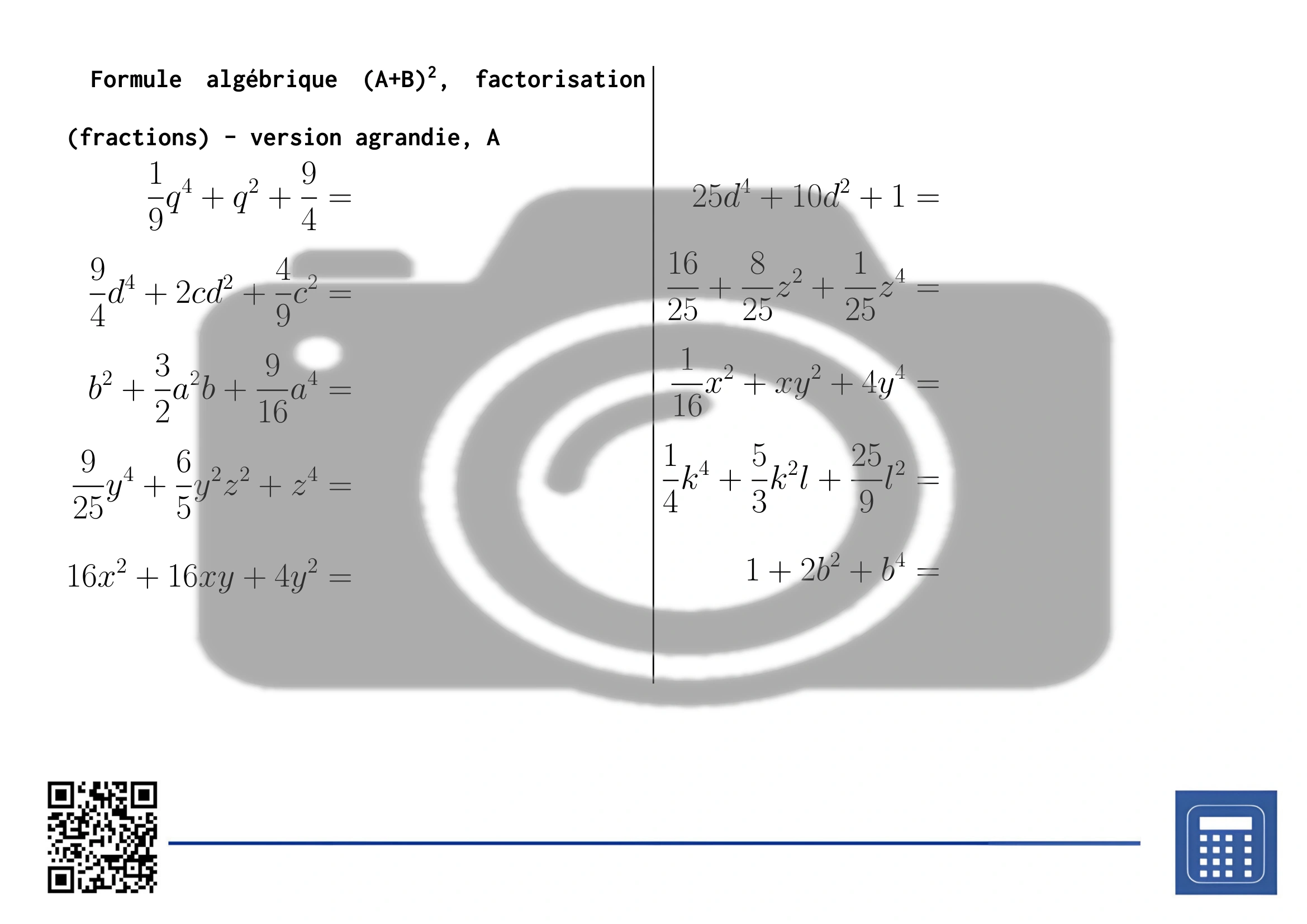 Fiche d'exercices: Formule algébrique (A+B)², factorisation (fractions) – Image 3