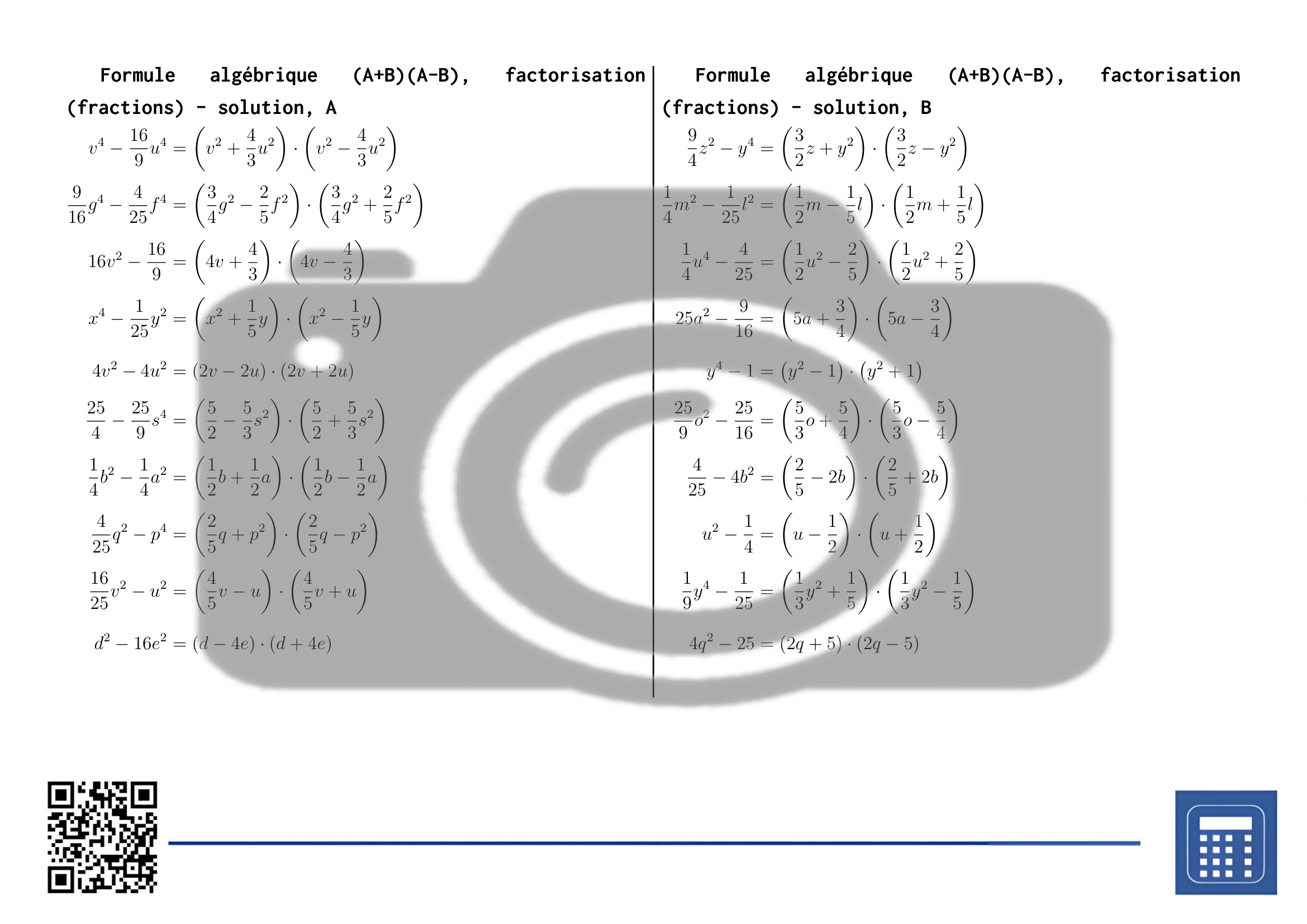 Fiche d'exercices: Formule algébrique (A+B)(A-B), factorisation (fractions) – Image 4