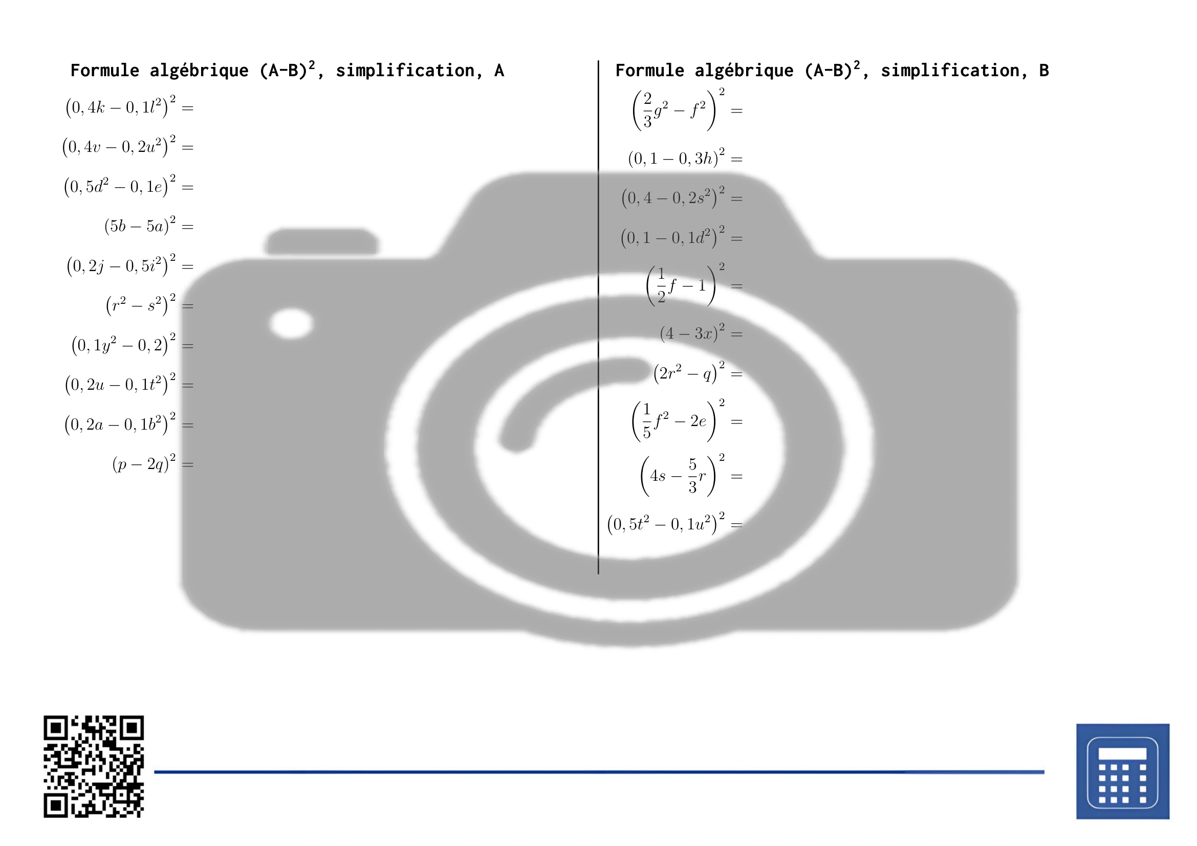 Fiche d'exercices: Formule algébrique (A-B)², simplification – Image 2