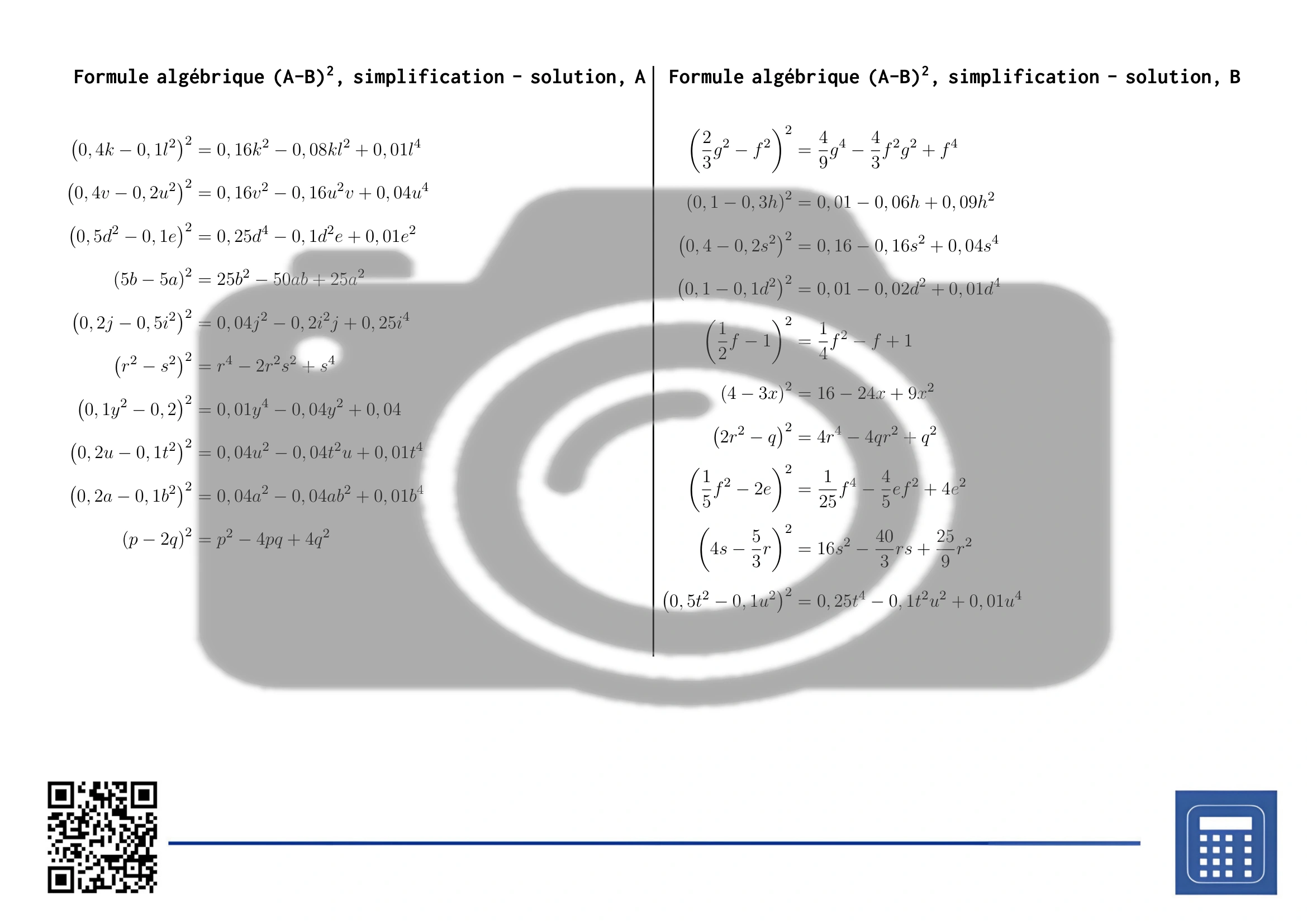 Fiche d'exercices: Formule algébrique (A-B)², simplification – Image 4