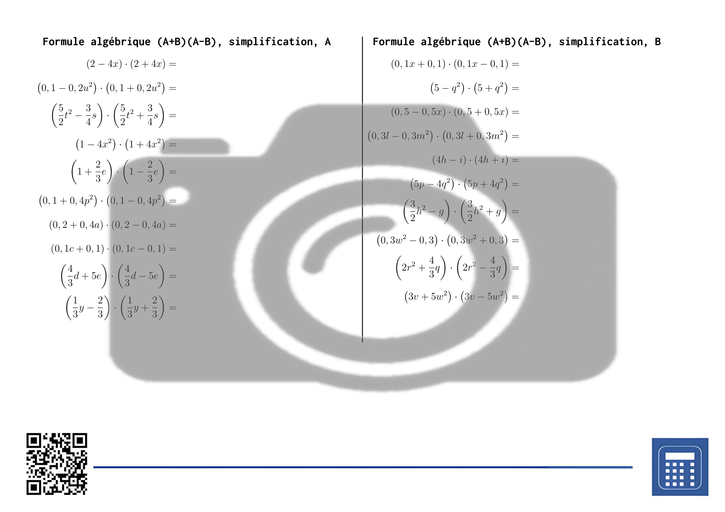 Fiche d'exercices: Formule algébrique (A+B)(A-B), simplification – Image 2