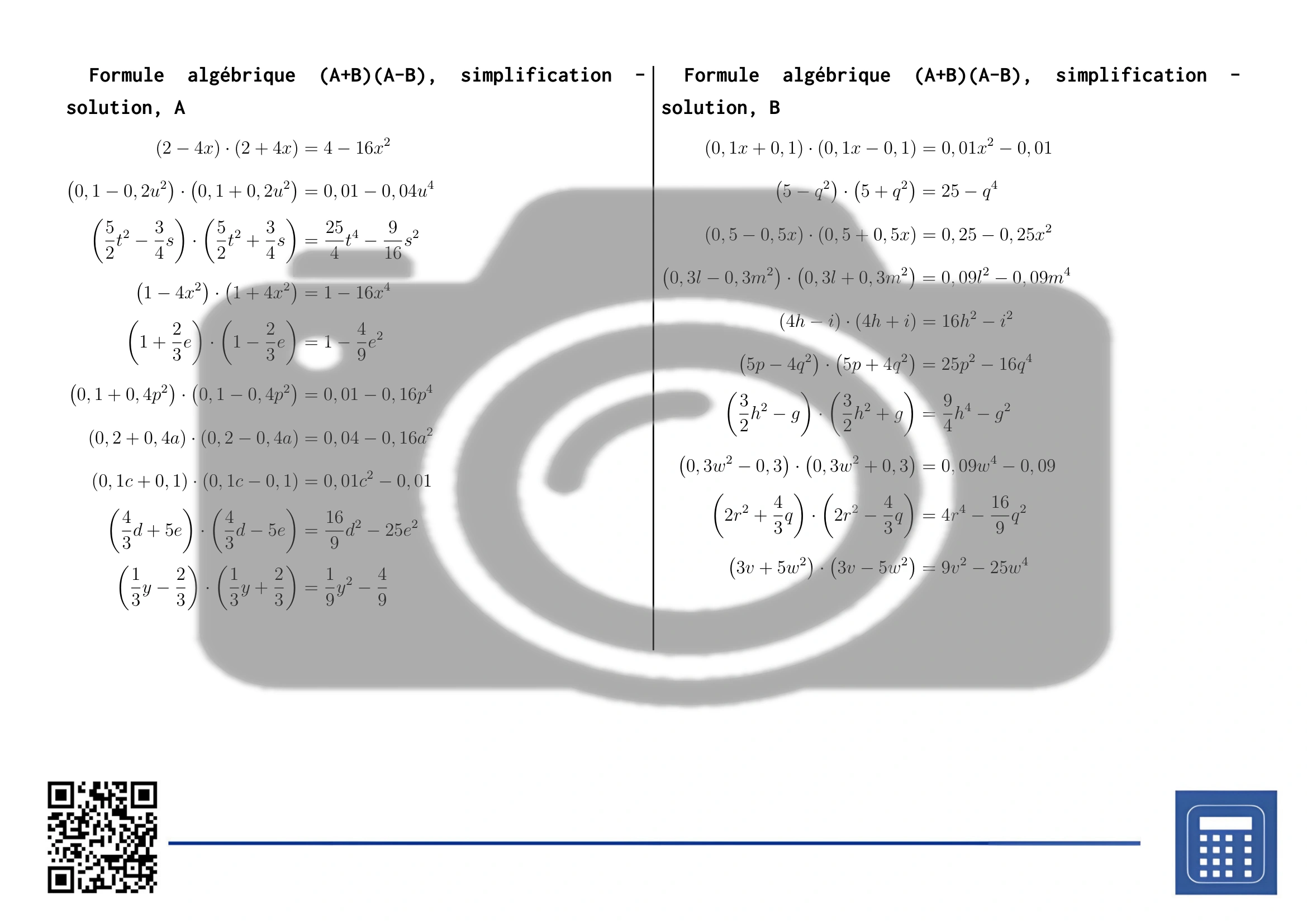 Fiche d'exercices: Formule algébrique (A+B)(A-B), simplification – Image 4