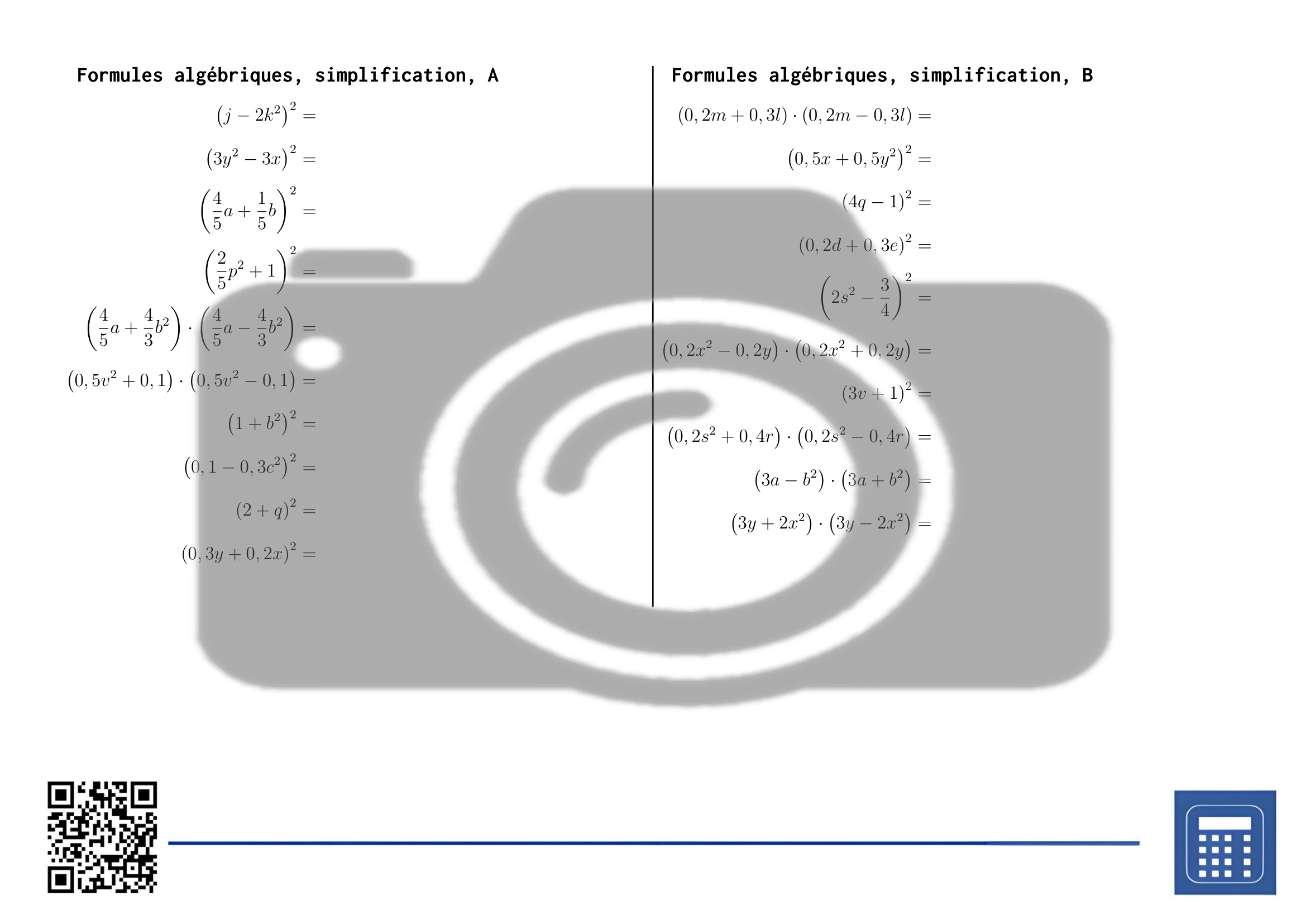 Fiche d'exercices: Formules algébriques, simplification – Image 2