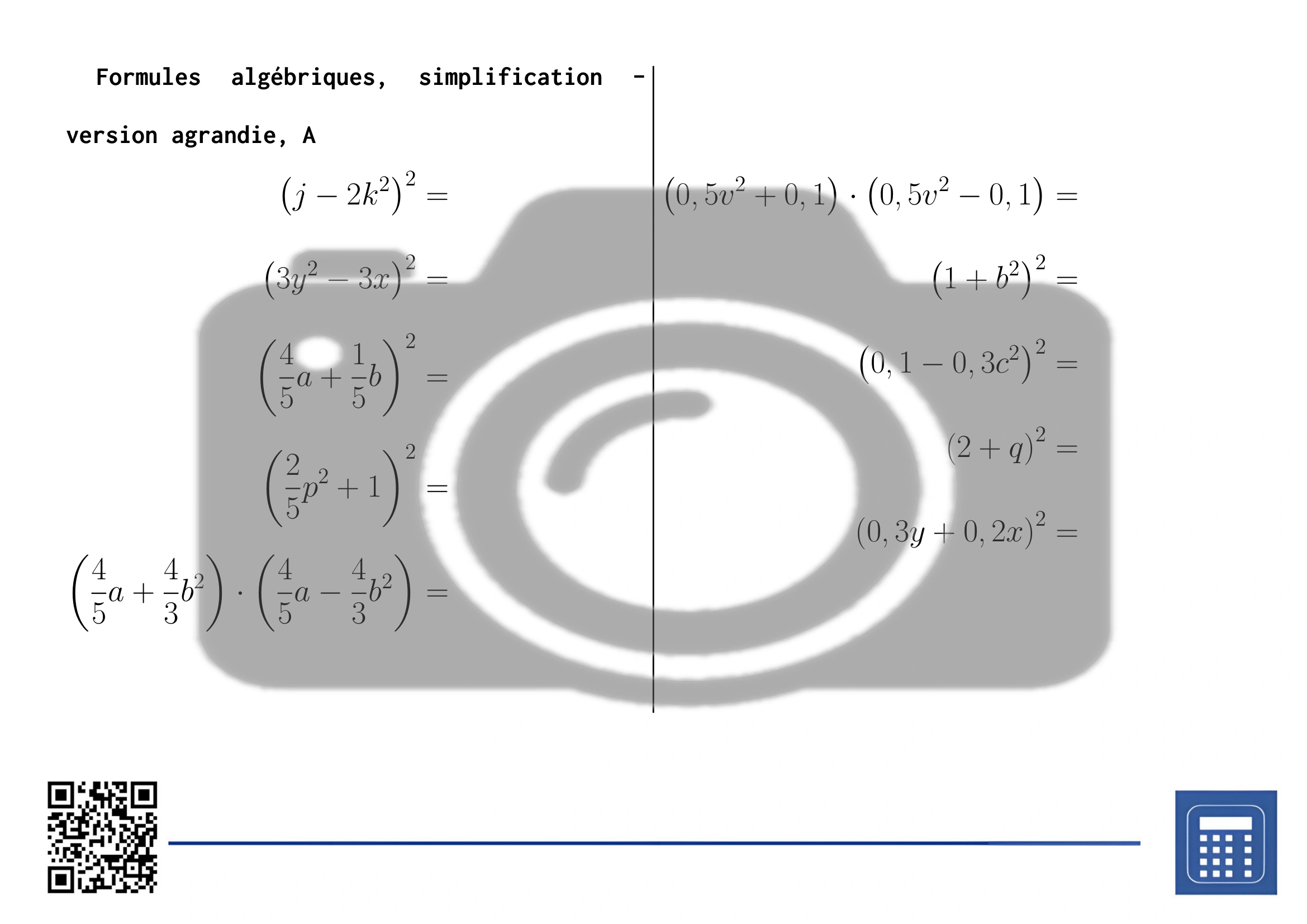 Fiche d'exercices: Formules algébriques, simplification – Image 3