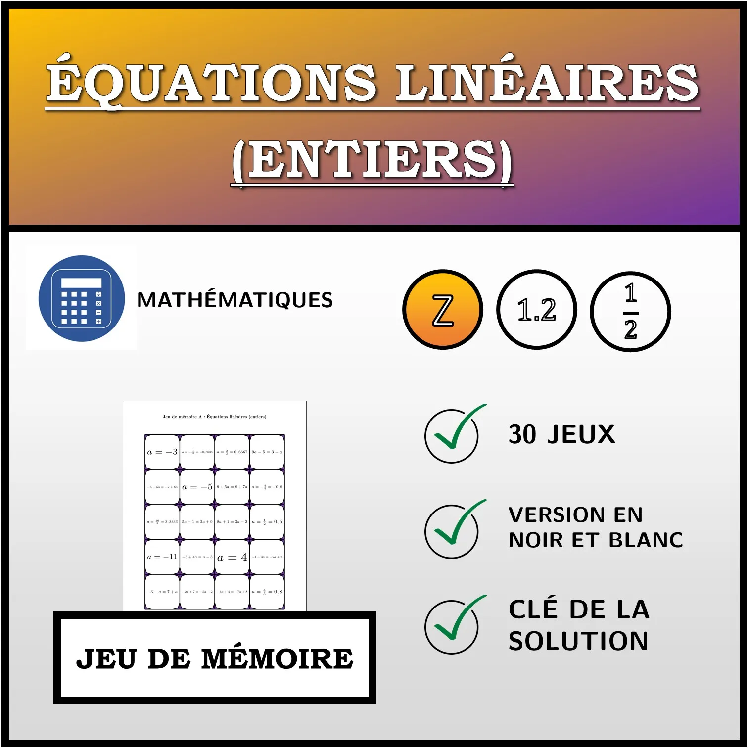 Jeu de mémoire: Équations linéaires (entiers)