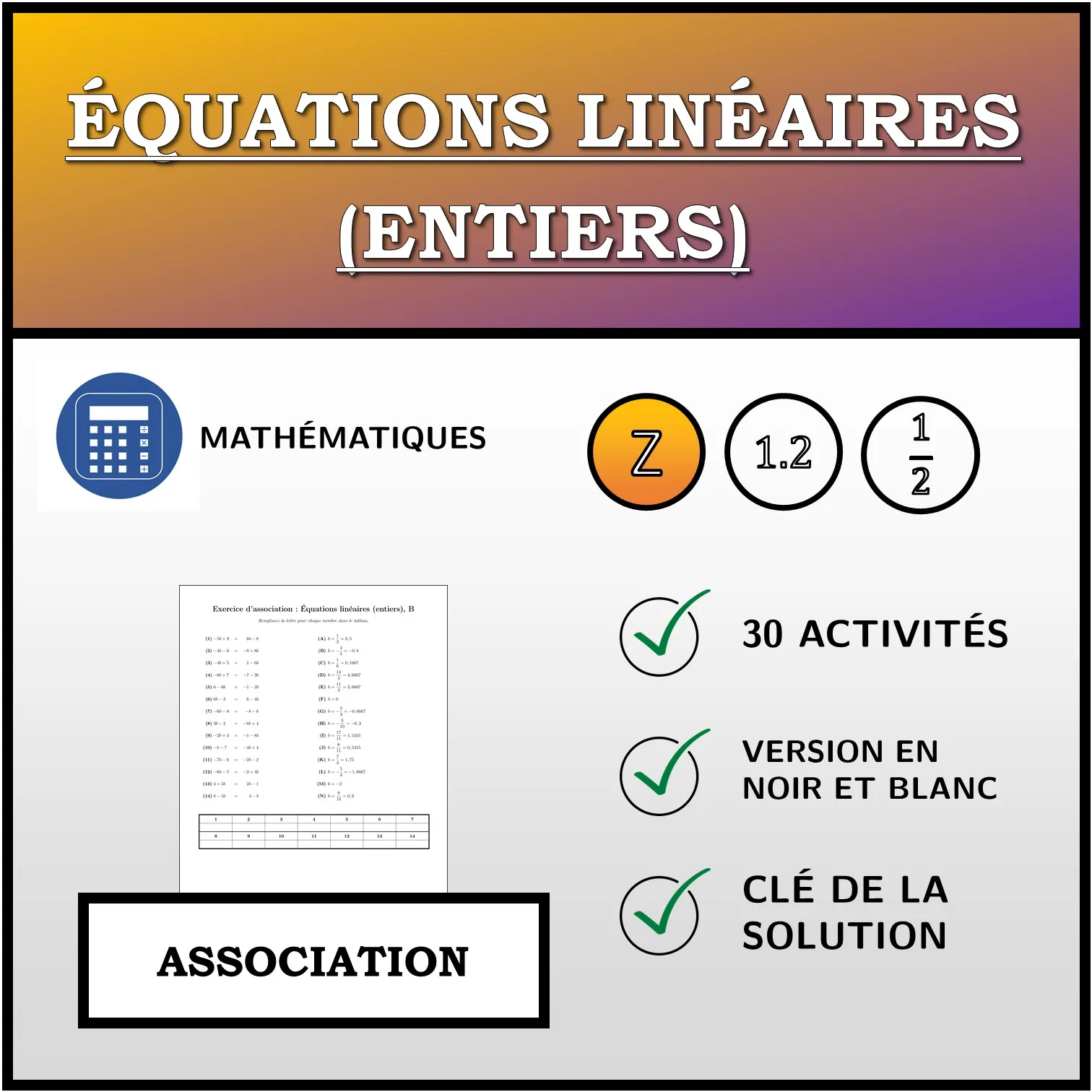 Exercice d'association: Équations linéaires (entiers)