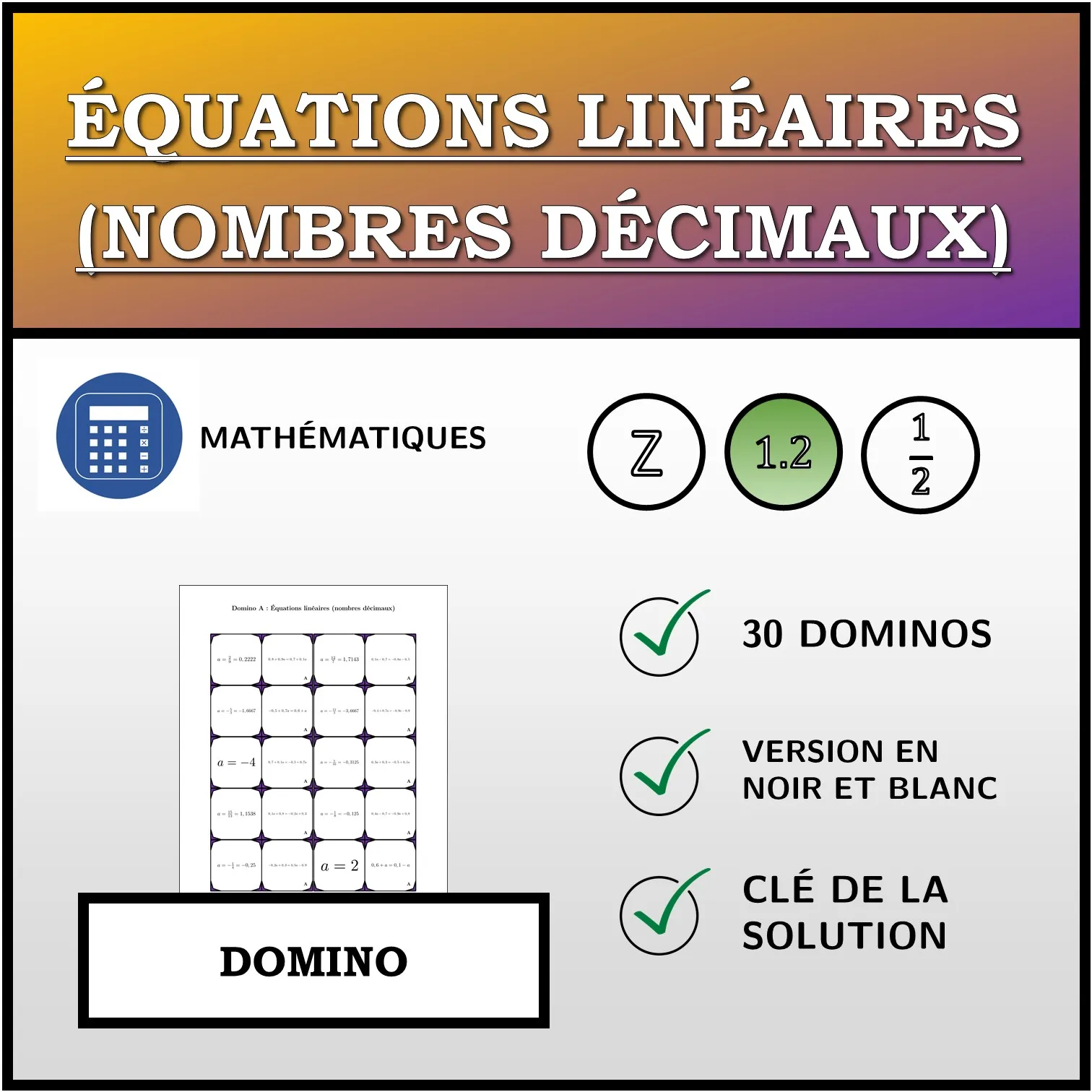 Domino: Équations linéaires (nombres décimaux)