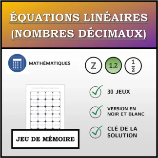 Jeu de mémoire: Équations linéaires (nombres décimaux)